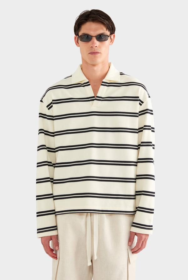 Open Neck Stripe Cotton Polo - Cream/Black Stripe