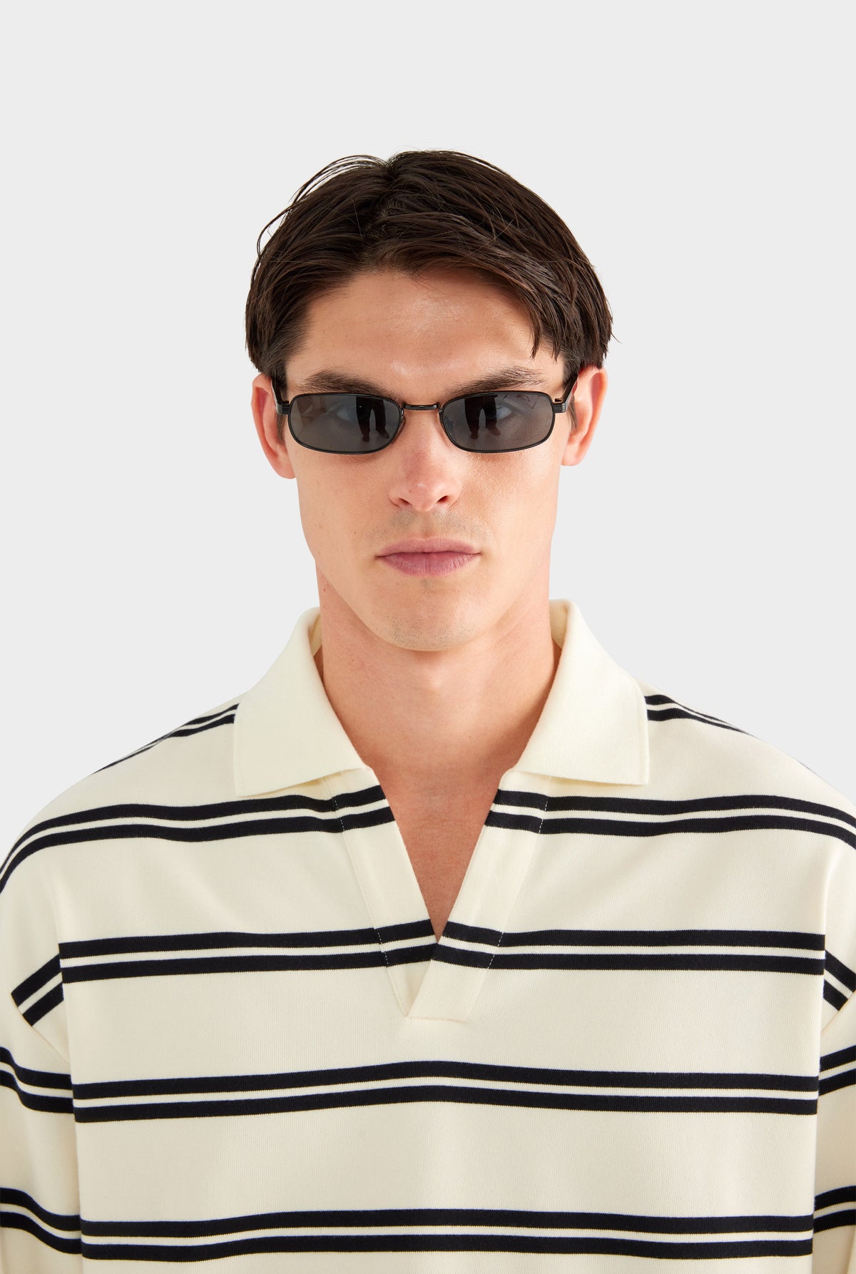 Open Neck Stripe Cotton Polo - Cream/Black Stripe