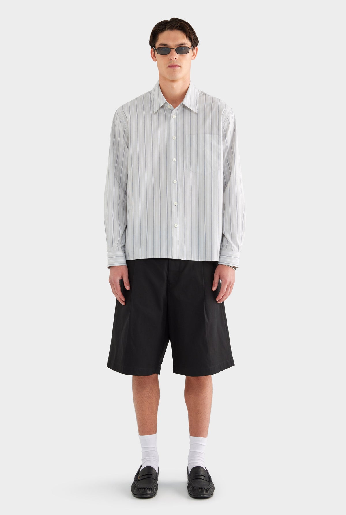 Long Sleeve Relaxed Cotton Poplin Shirt - Taupe/White/Navy Stripe