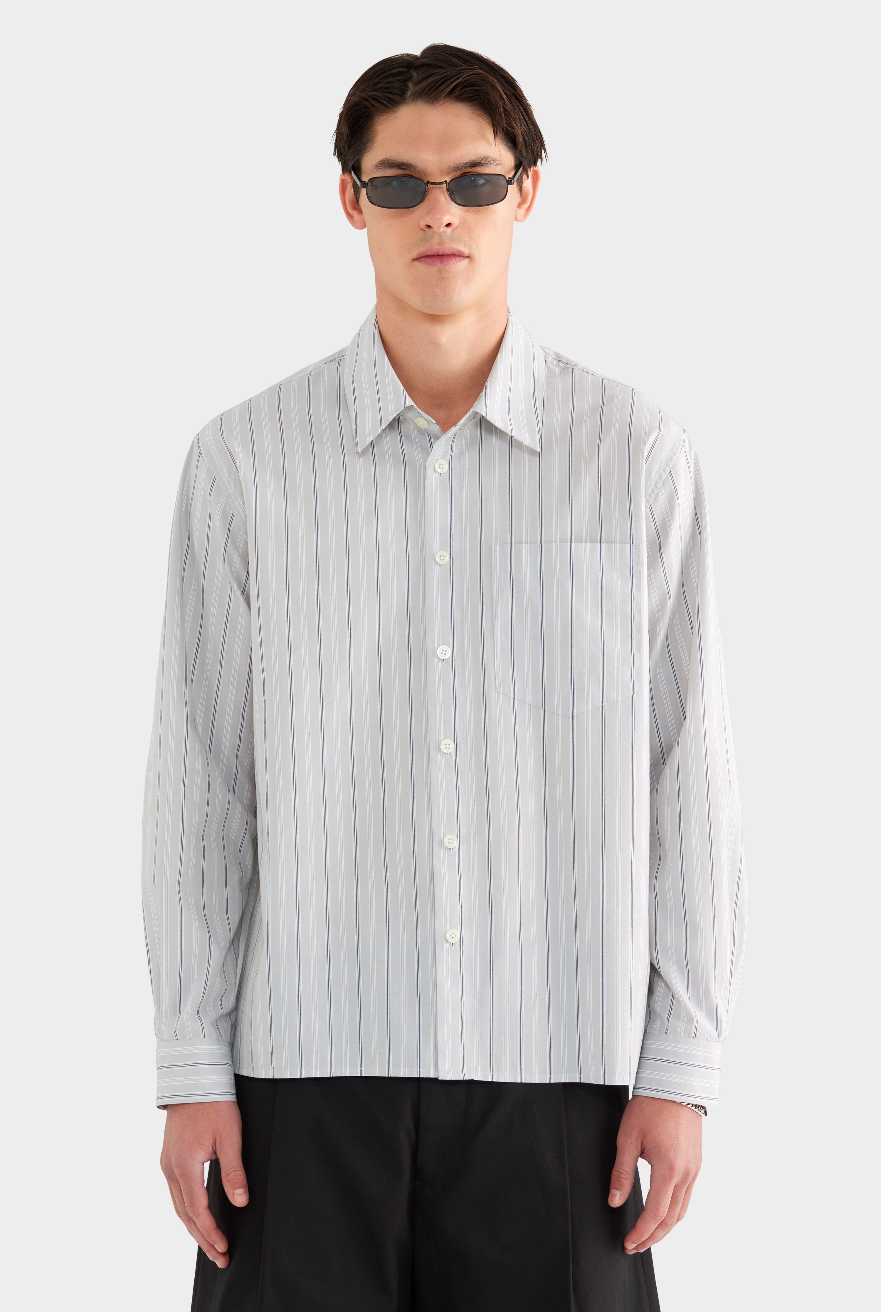 Long Sleeve Relaxed Cotton Poplin Shirt - Taupe/White/Navy Stripe