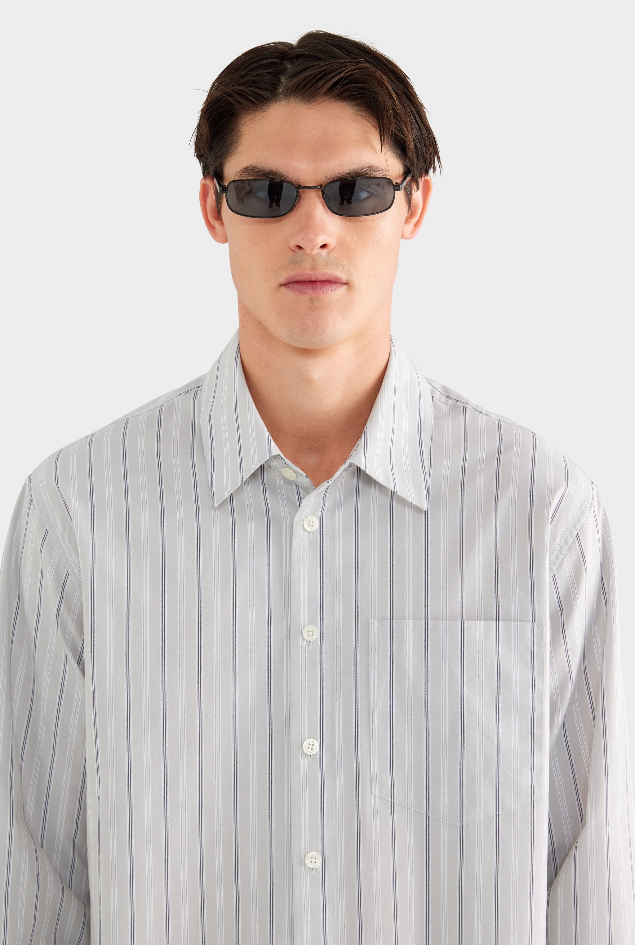 Long Sleeve Relaxed Cotton Poplin Shirt - Taupe/White/Navy Stripe