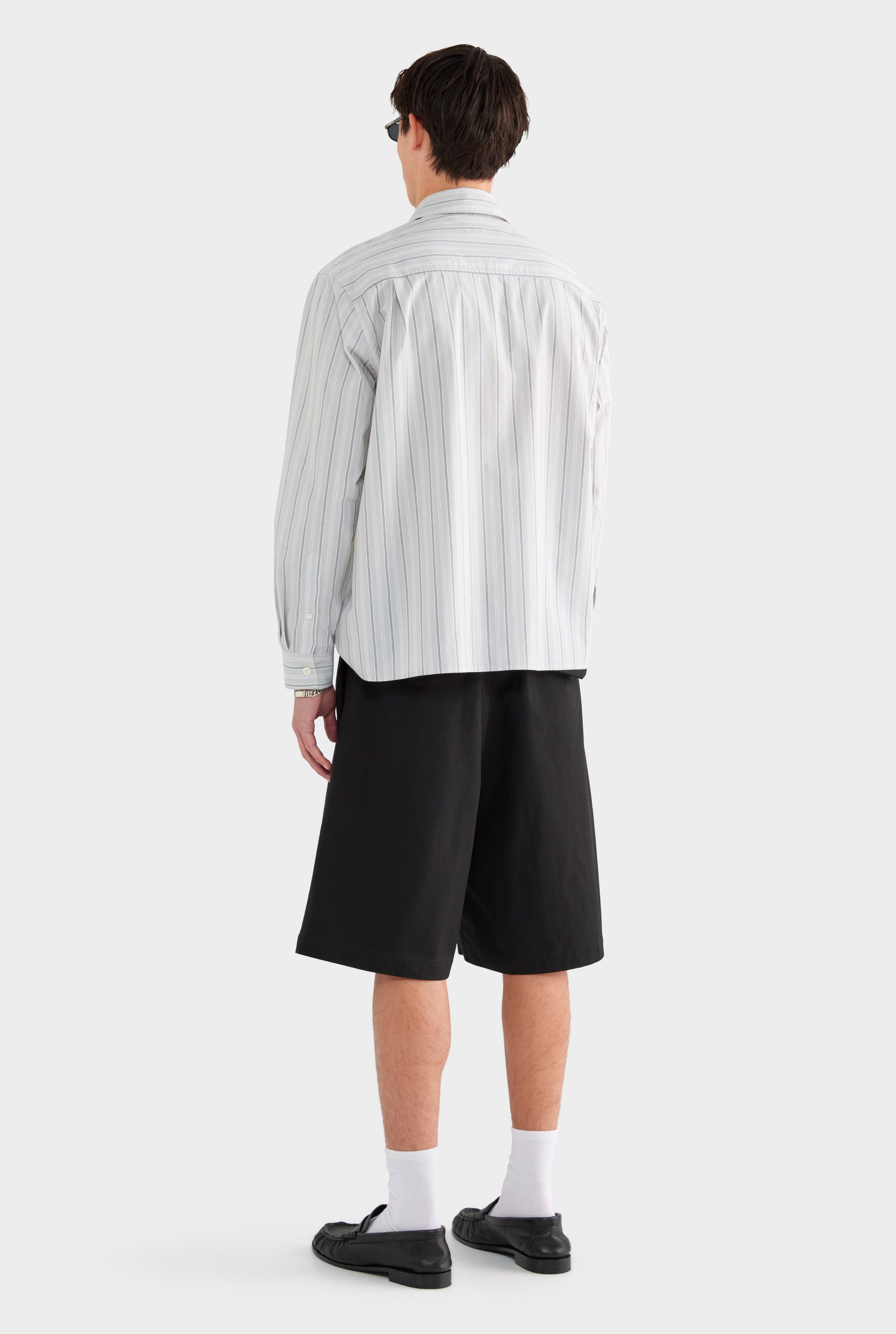 Long Sleeve Relaxed Cotton Poplin Shirt - Taupe/White/Navy Stripe