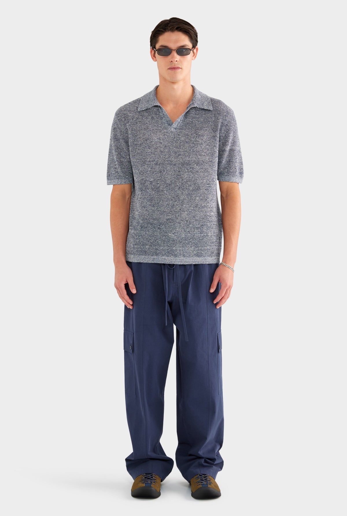 Rib Knit Open Neck Polo - Navy Marl