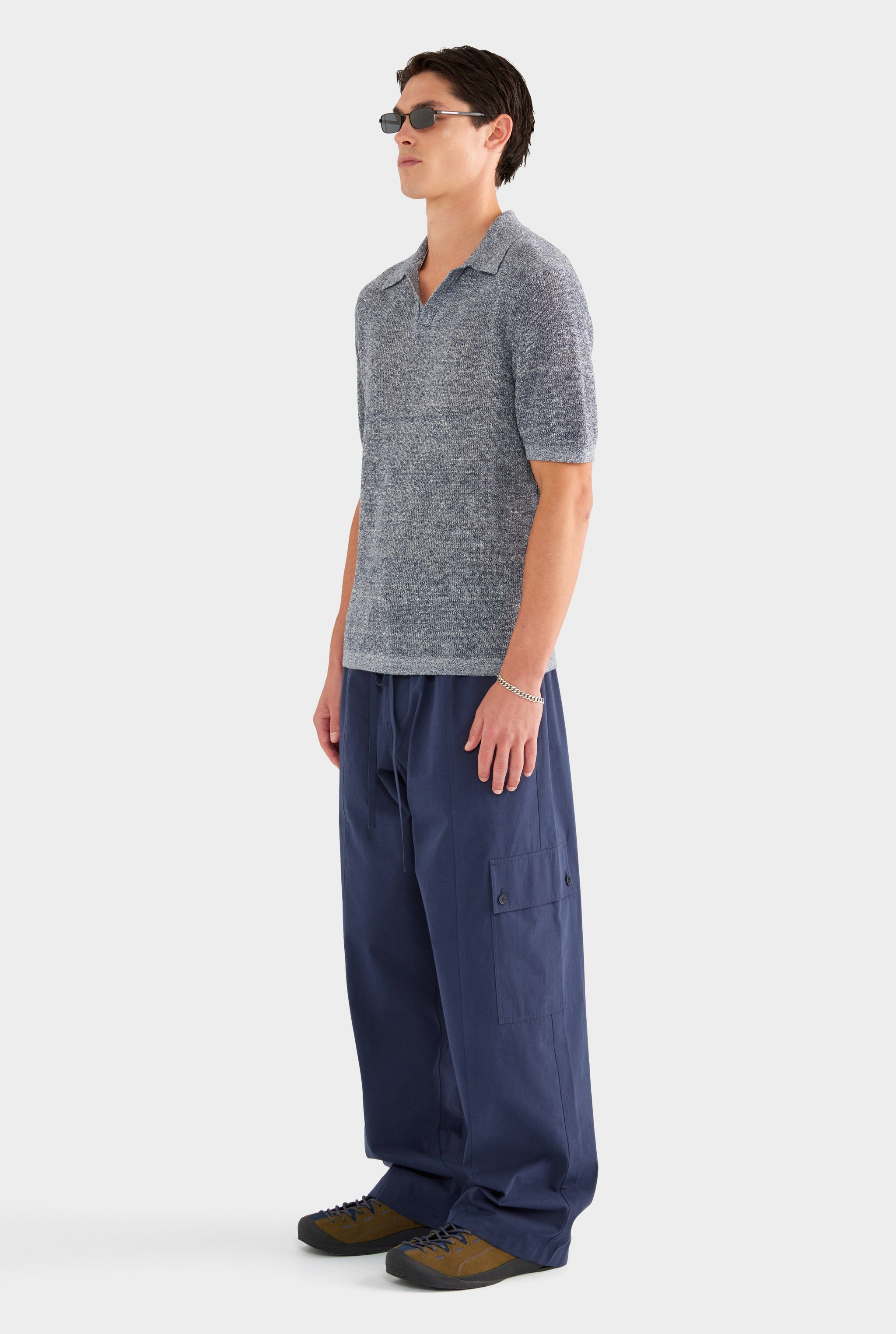 Rib Knit Open Neck Polo - Navy Marl