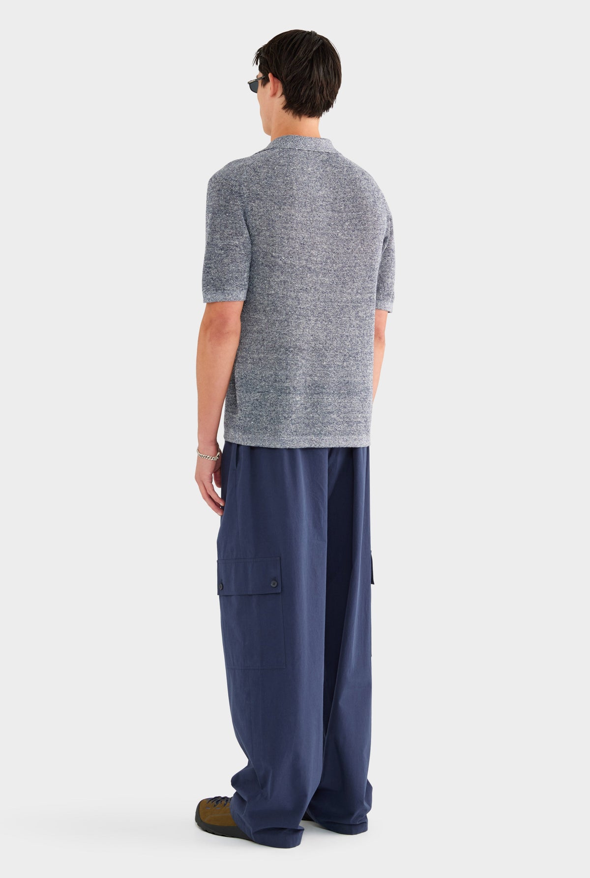 Rib Knit Open Neck Polo - Navy Marl