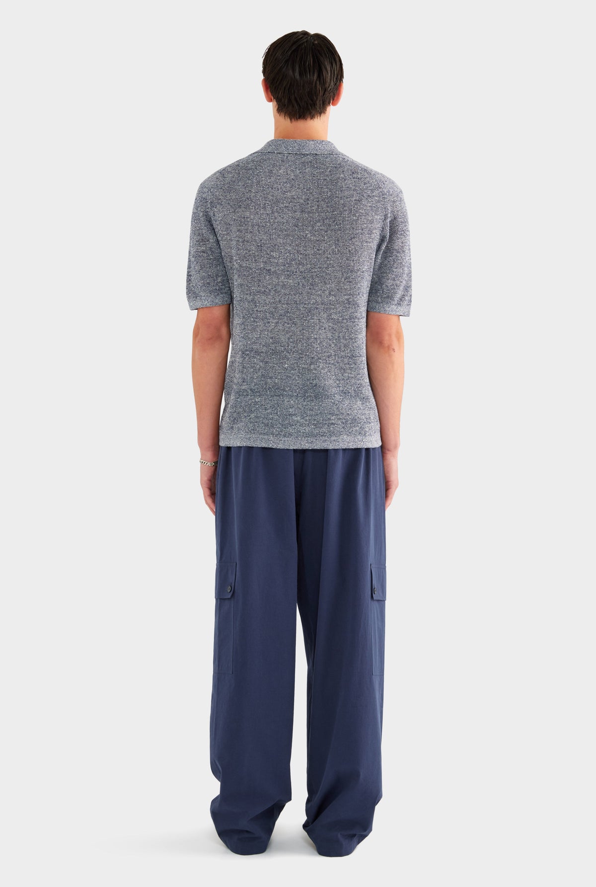 Rib Knit Open Neck Polo - Navy Marl