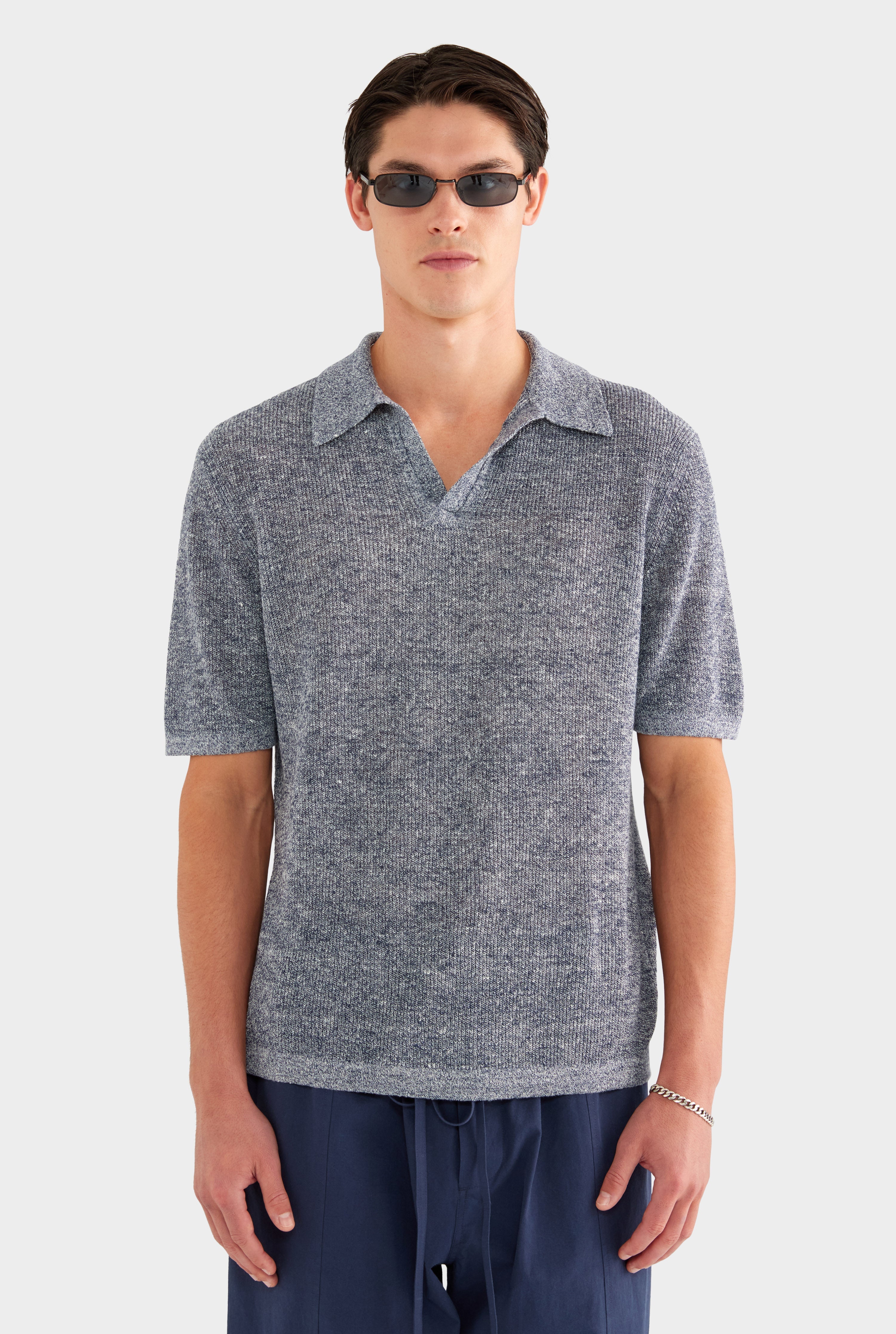 Rib Knit Open Neck Polo - Navy Marl