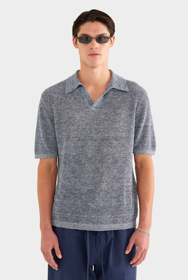 Rib Knit Open Neck Polo - Navy Marl