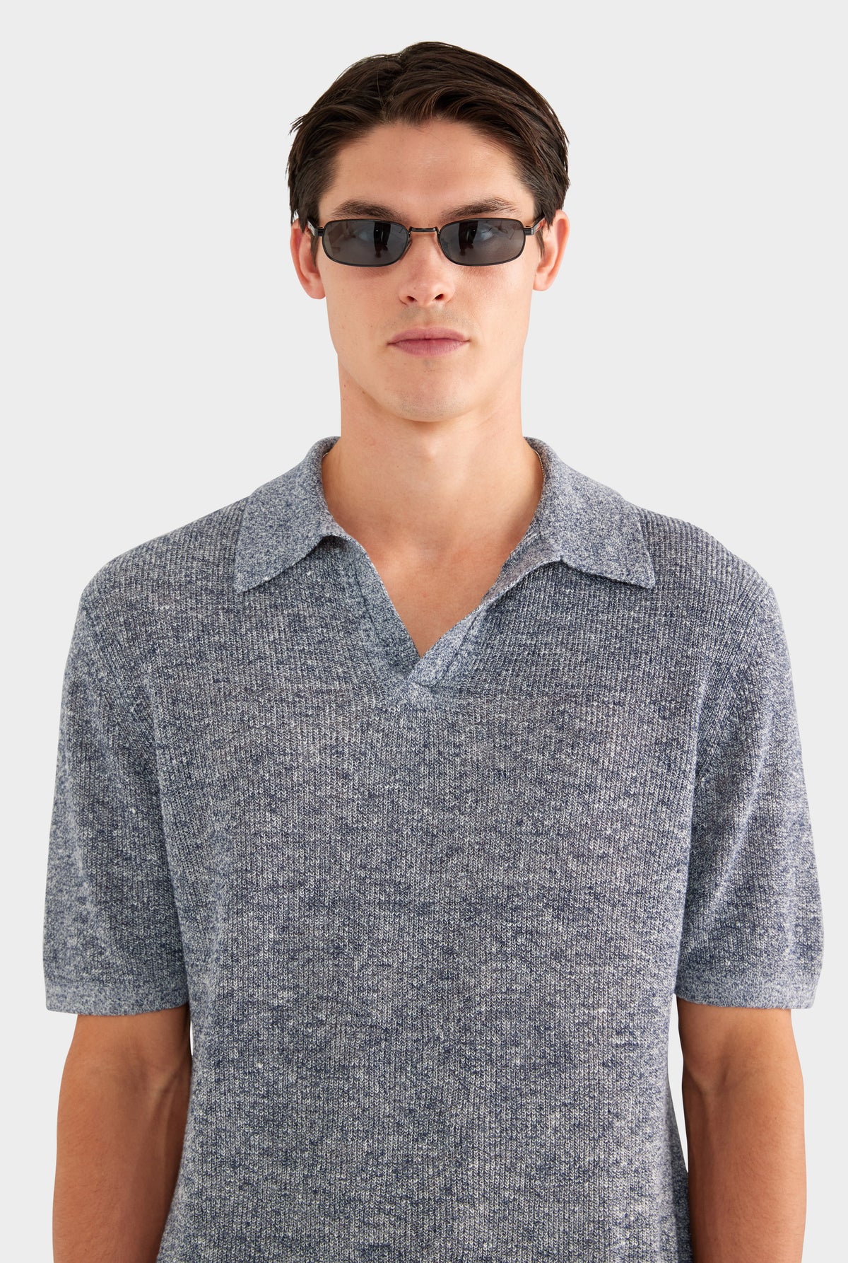 Rib Knit Open Neck Polo - Navy Marl
