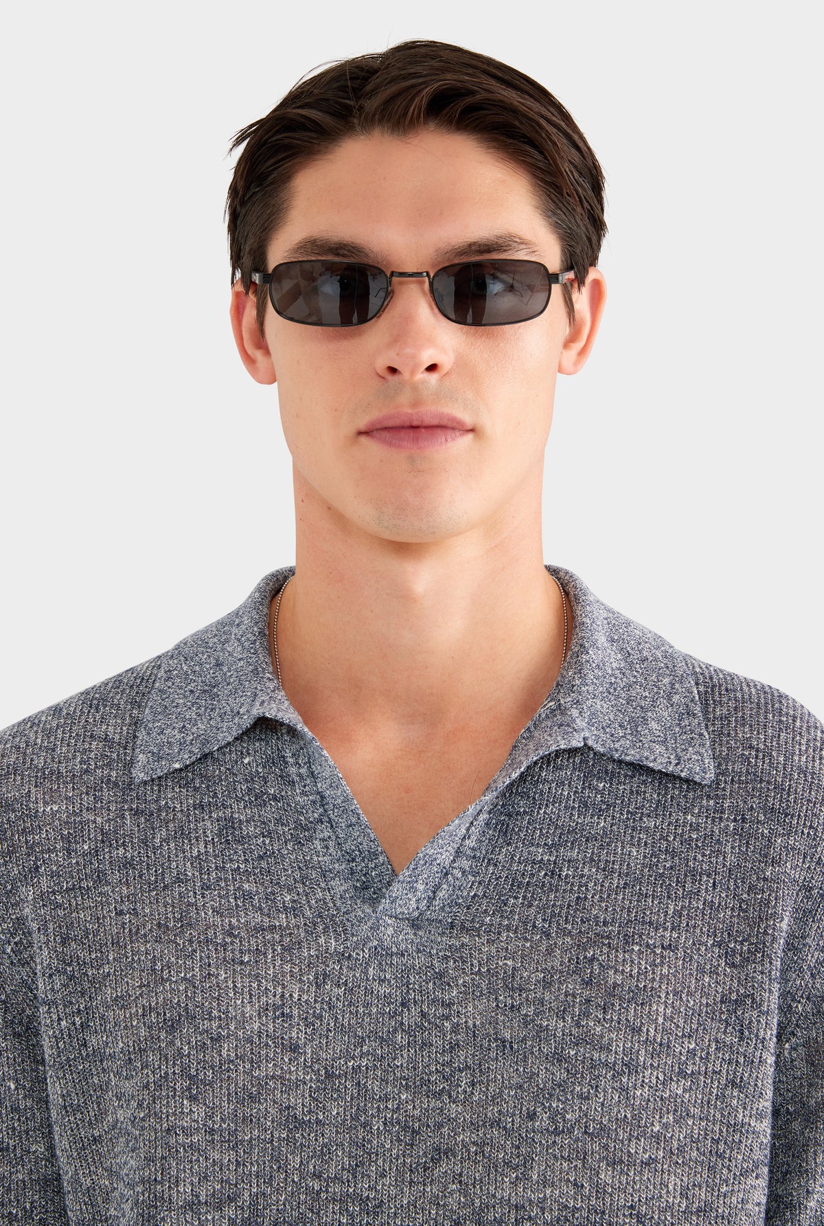 Rib Knit Open Neck Polo - Navy Marl