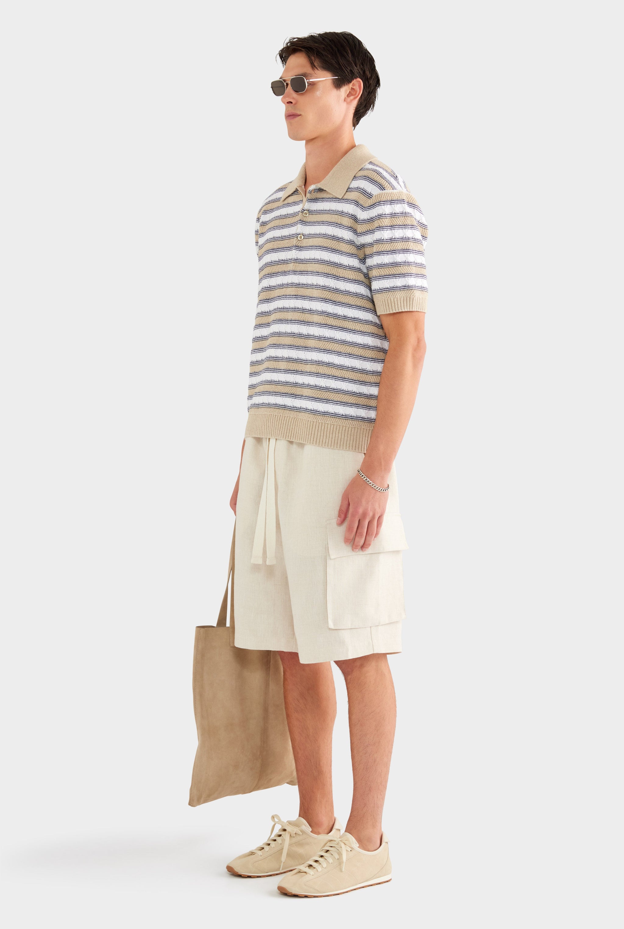 Textured Cotton Linen Knit Polo - White/Navy/Taupe Stripe