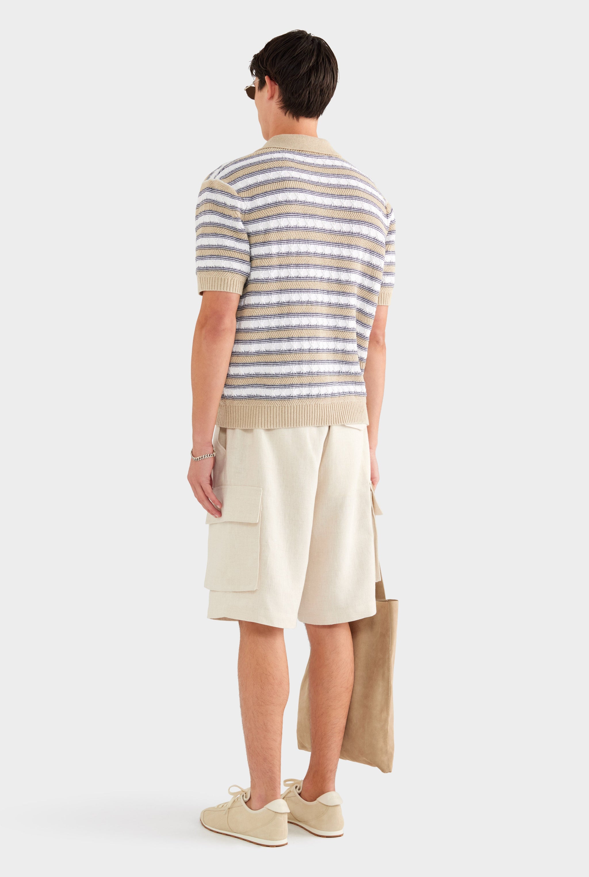 Textured Cotton Linen Knit Polo - White/Navy/Taupe Stripe