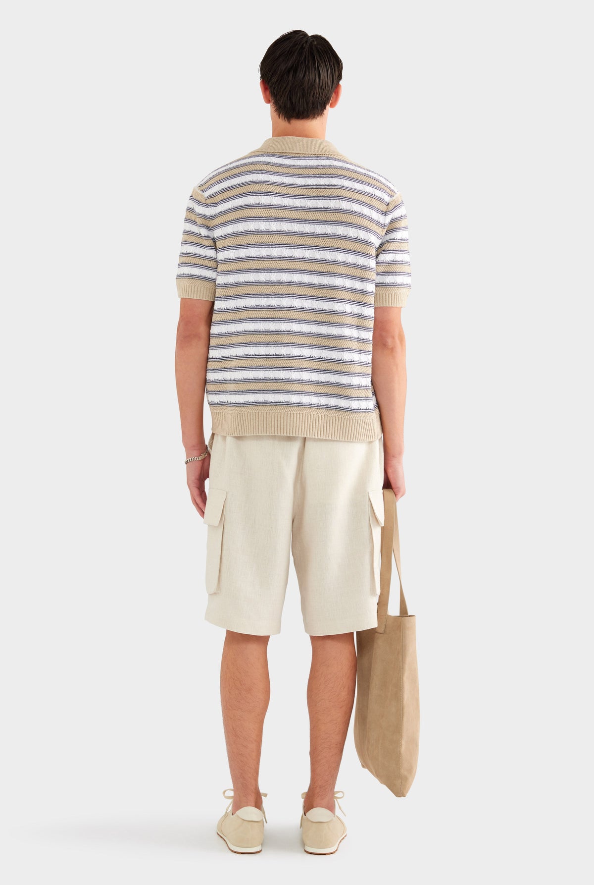 Textured Cotton Linen Knit Polo - White/Navy/Taupe Stripe