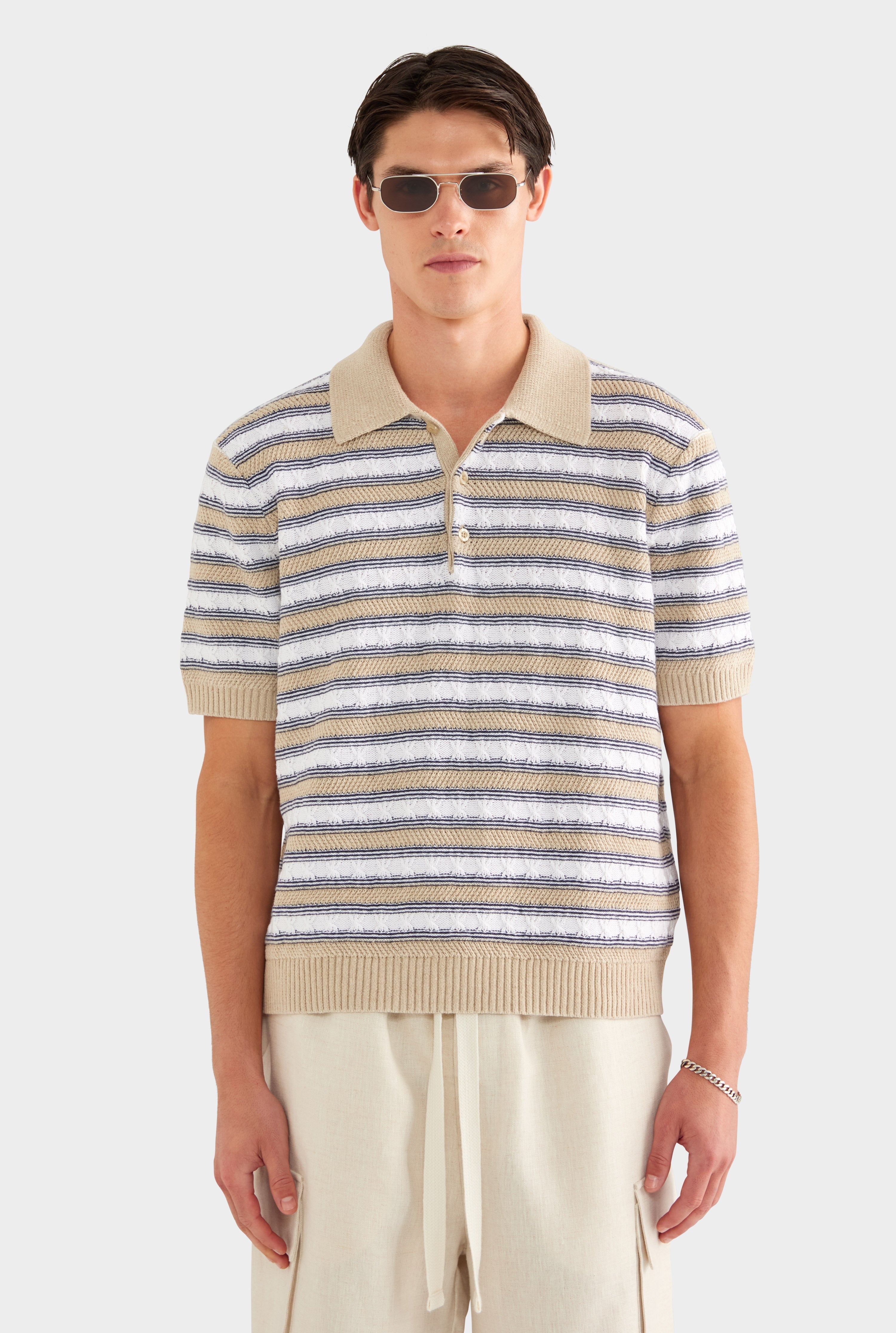 Textured Cotton Linen Knit Polo - White/Navy/Taupe Stripe