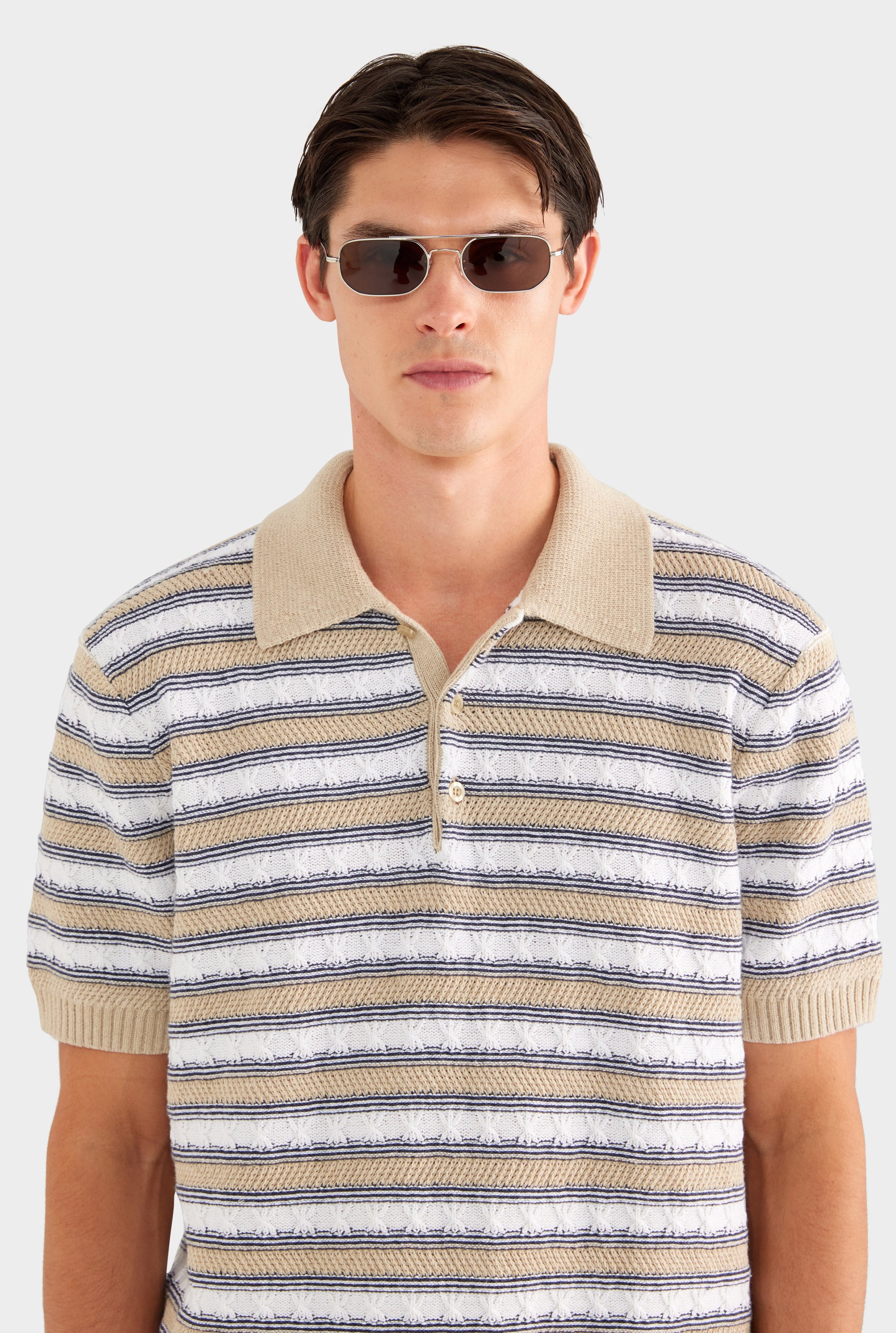 Textured Cotton Linen Knit Polo - White/Navy/Taupe Stripe