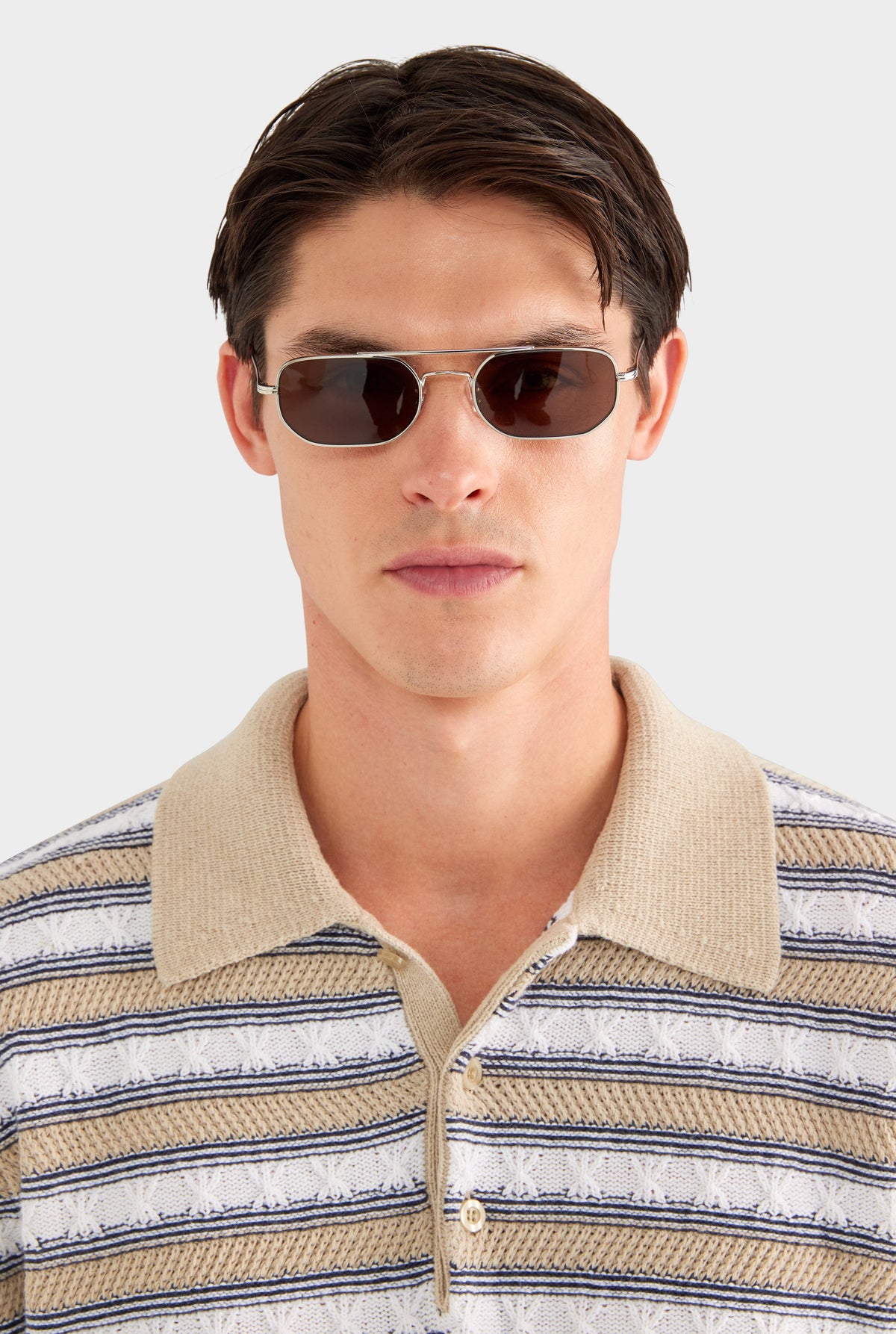 Textured Cotton Linen Knit Polo - White/Navy/Taupe Stripe