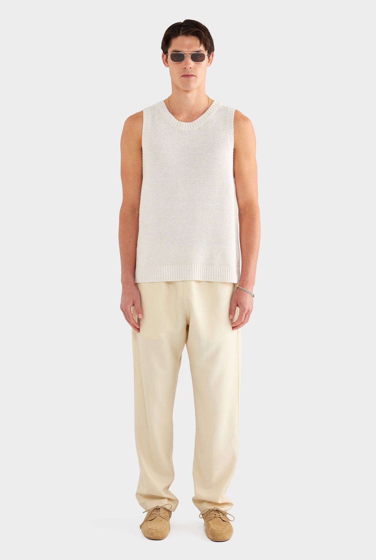 Marled Cotton Linen Tank - Cream/White