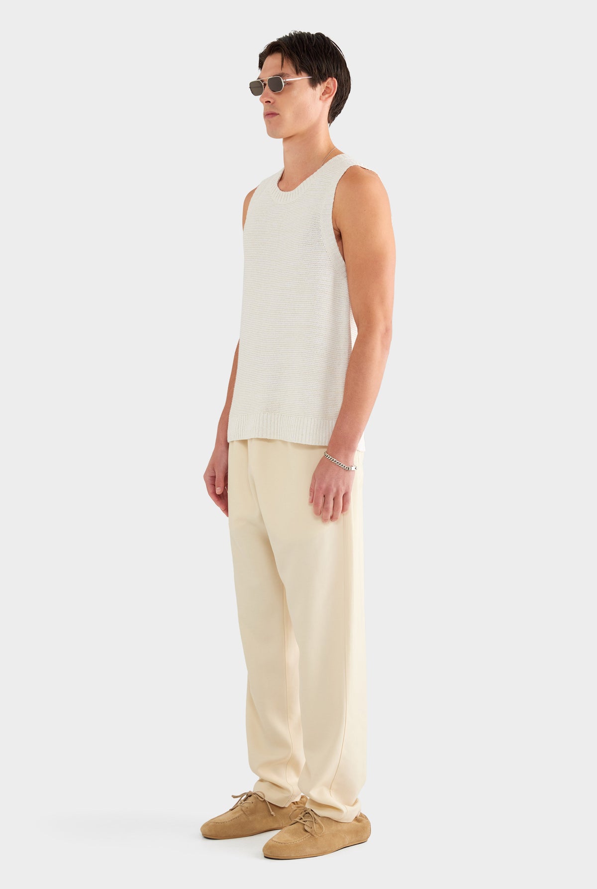 Marled Cotton Linen Tank - Cream/White