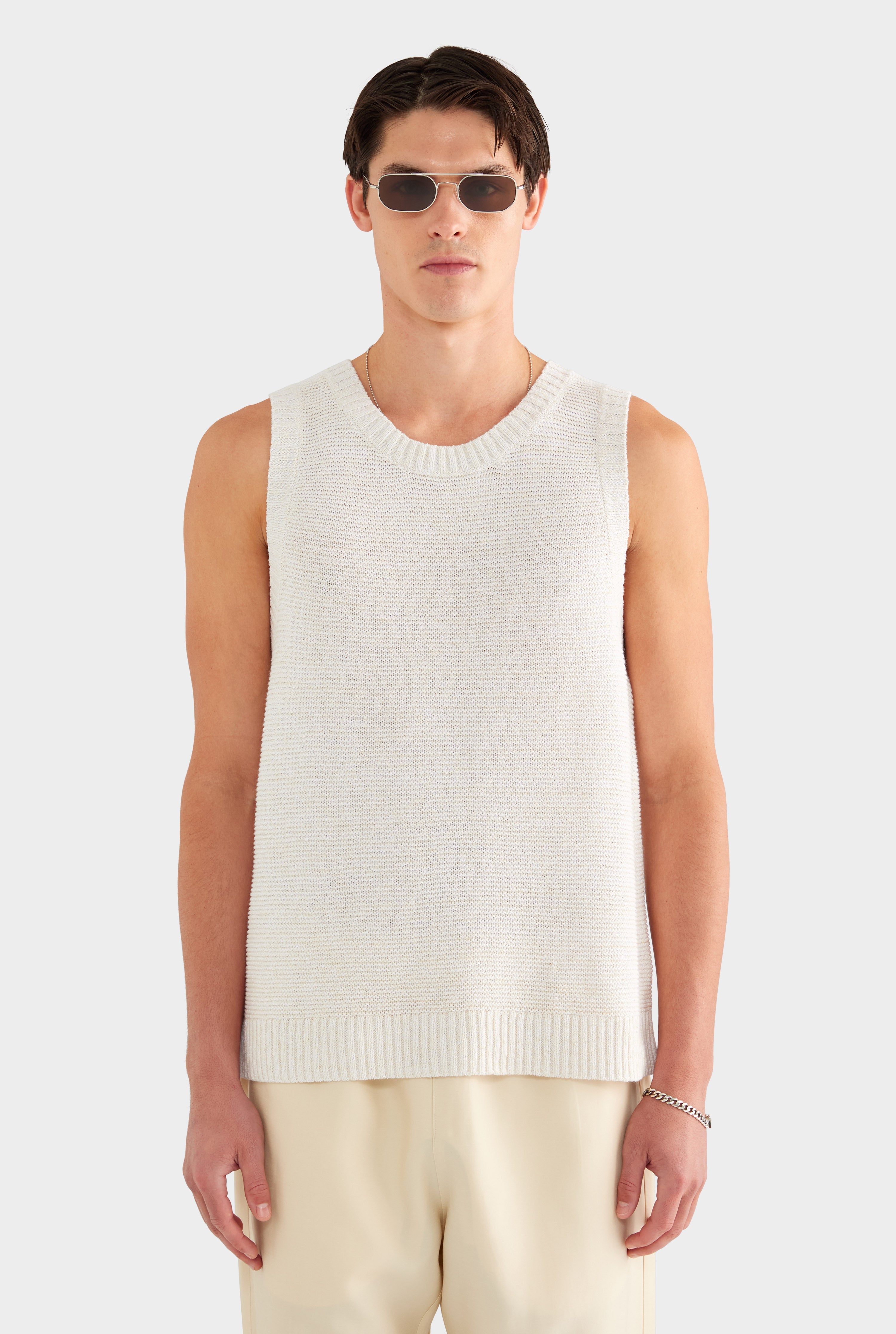 Marled Cotton Linen Tank - Cream/White
