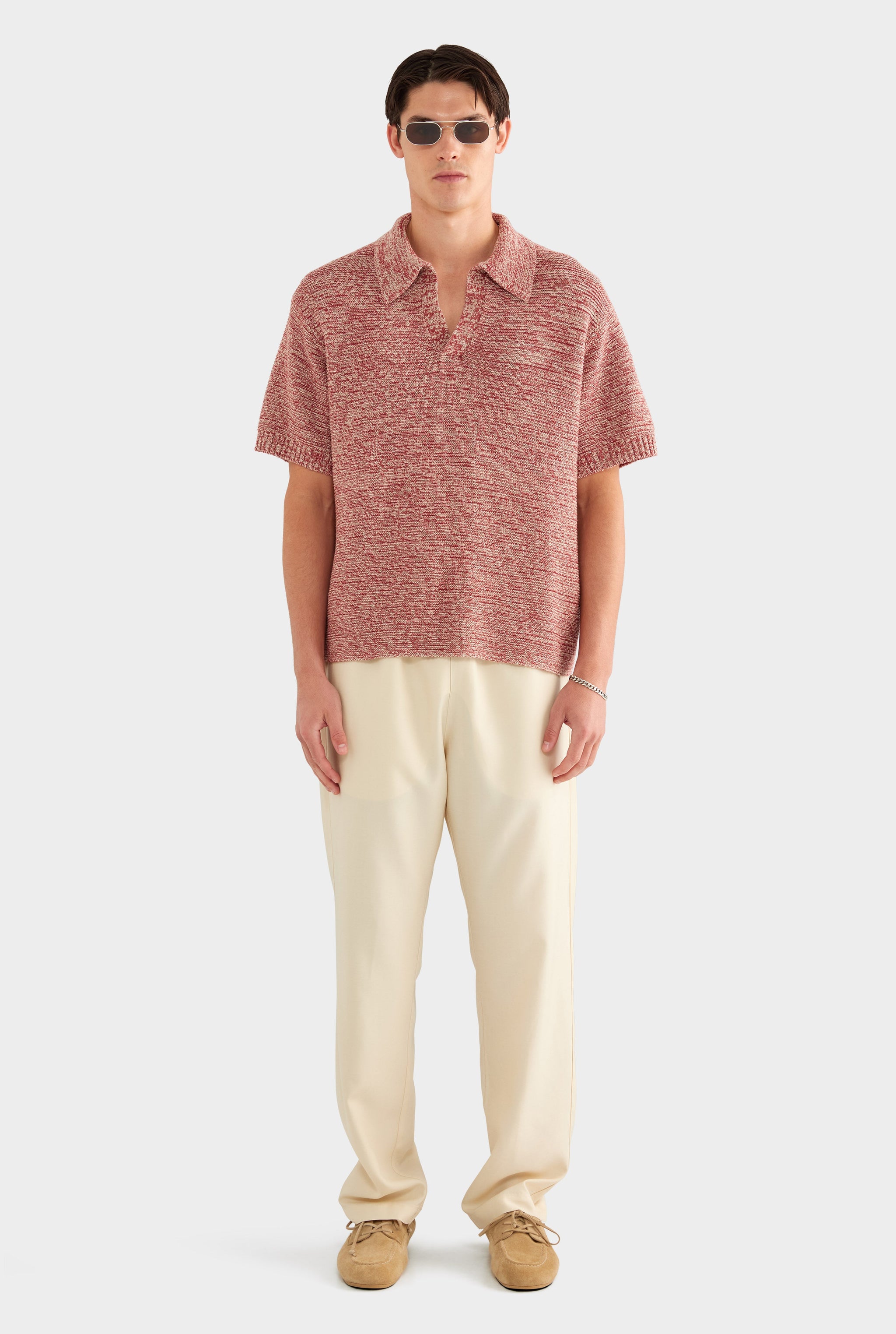 Marled Cotton Linen Polo - Burnt Red/Linen
