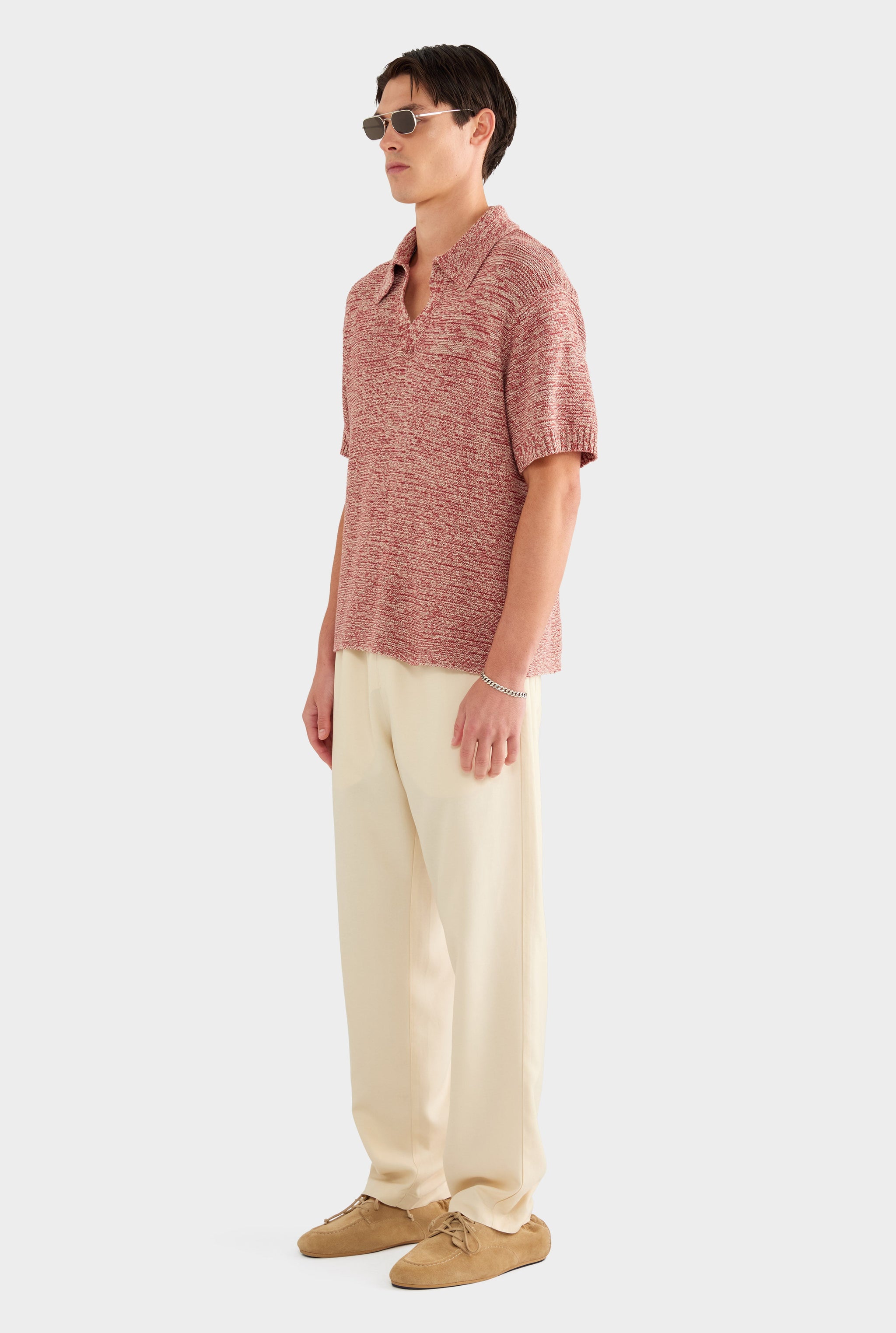 Marled Cotton Linen Polo - Burnt Red/Linen