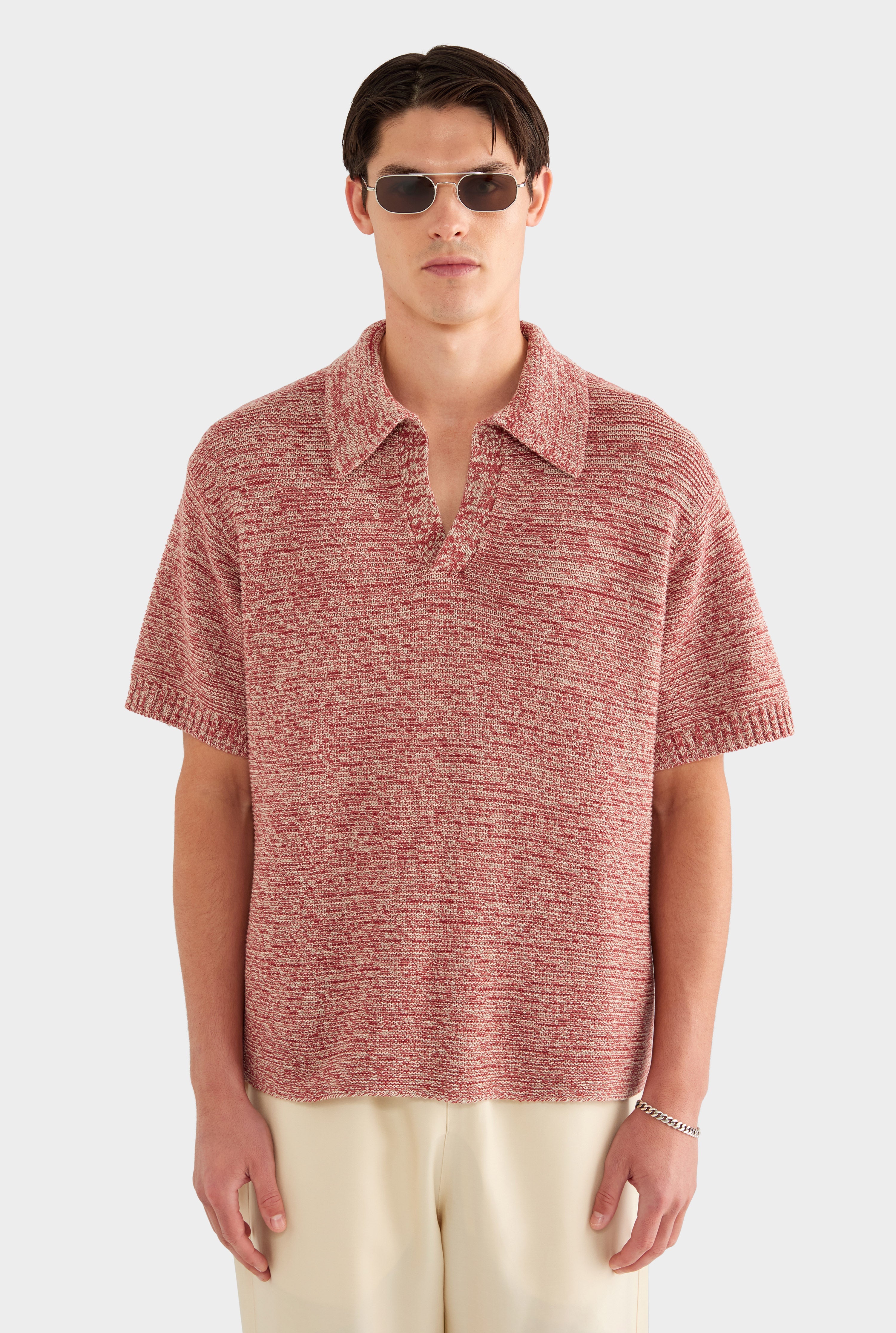 Marled Cotton Linen Polo - Burnt Red/Linen