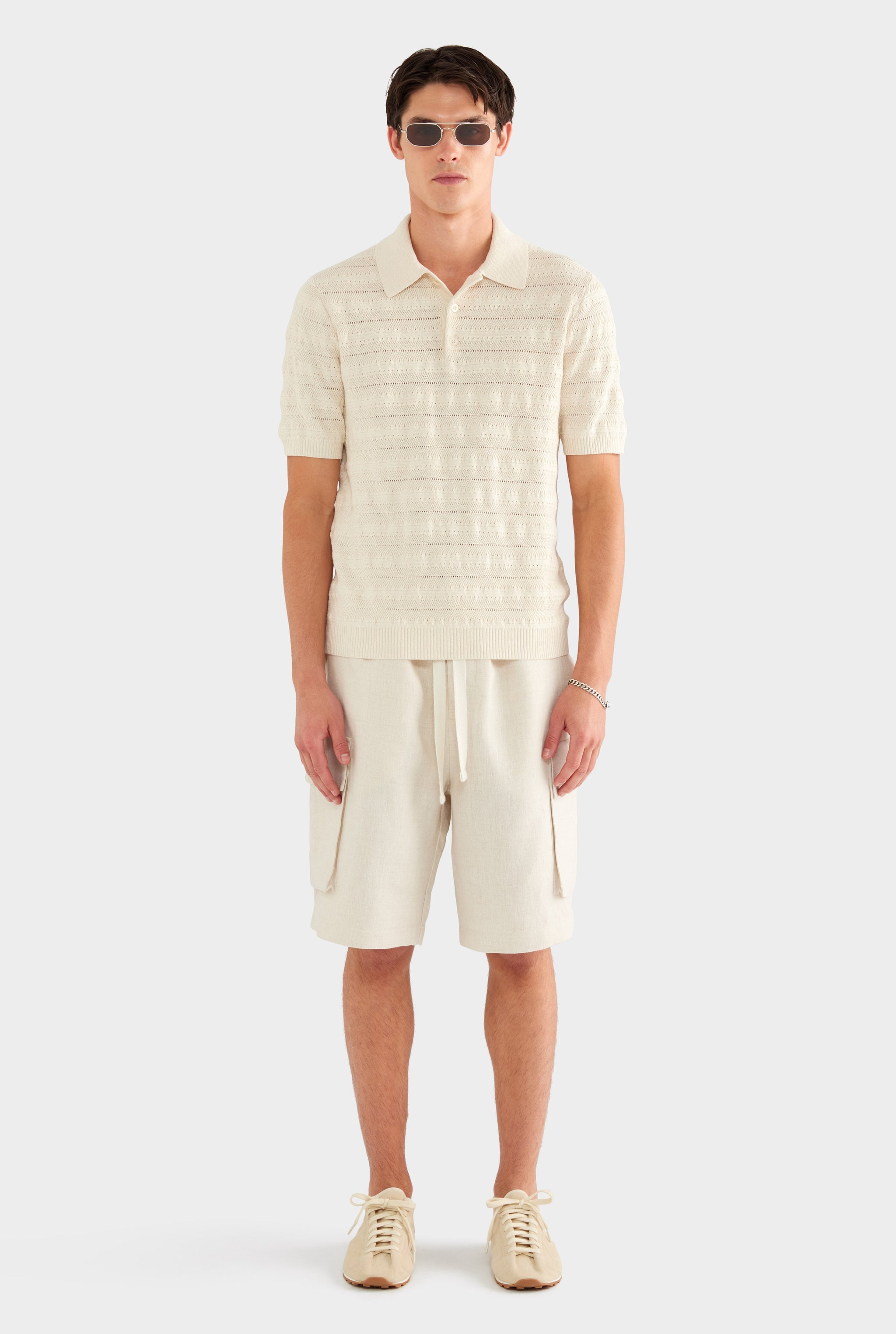 Linen Cotton Pointelle Polo - Natural