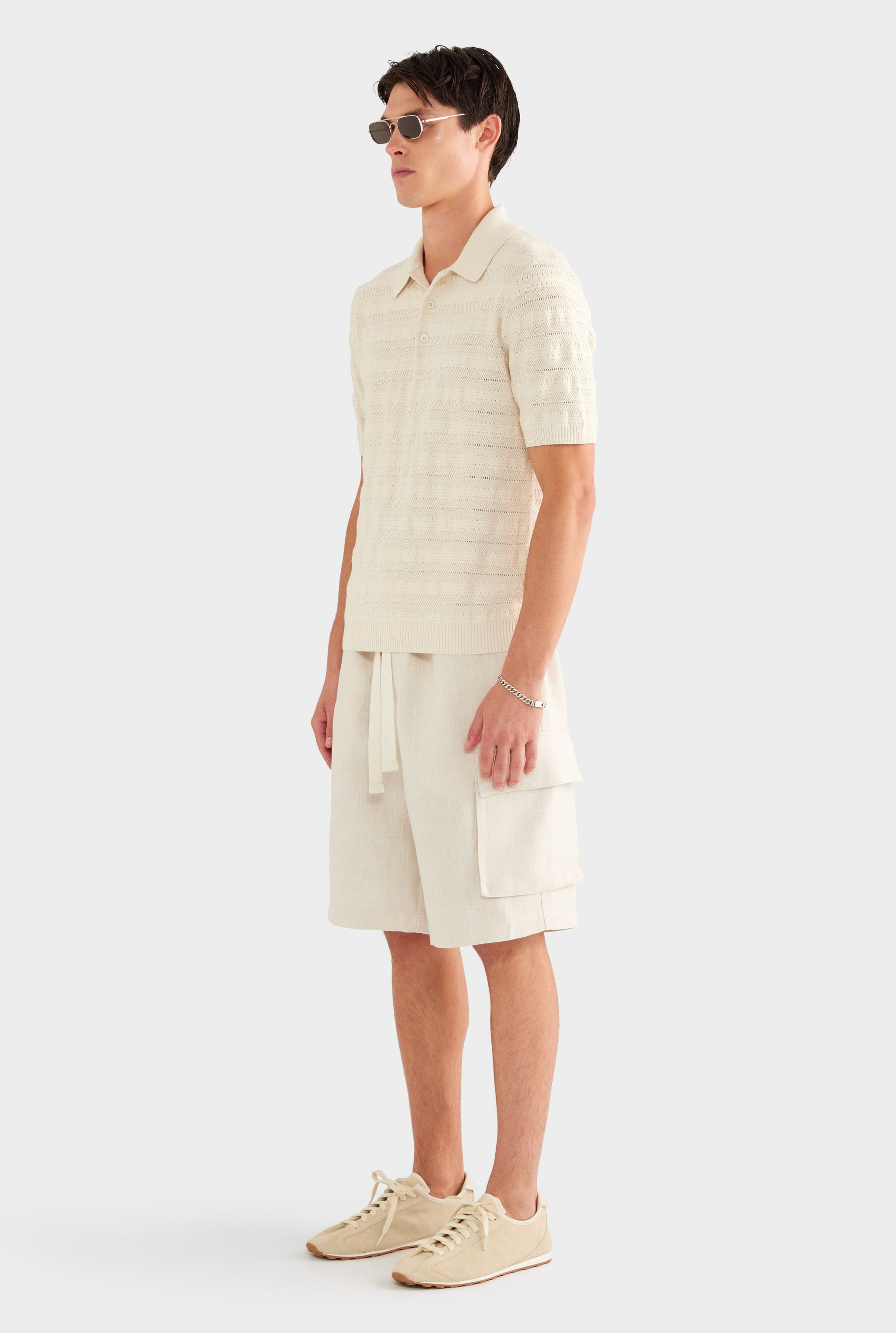 Linen Cotton Pointelle Polo - Natural