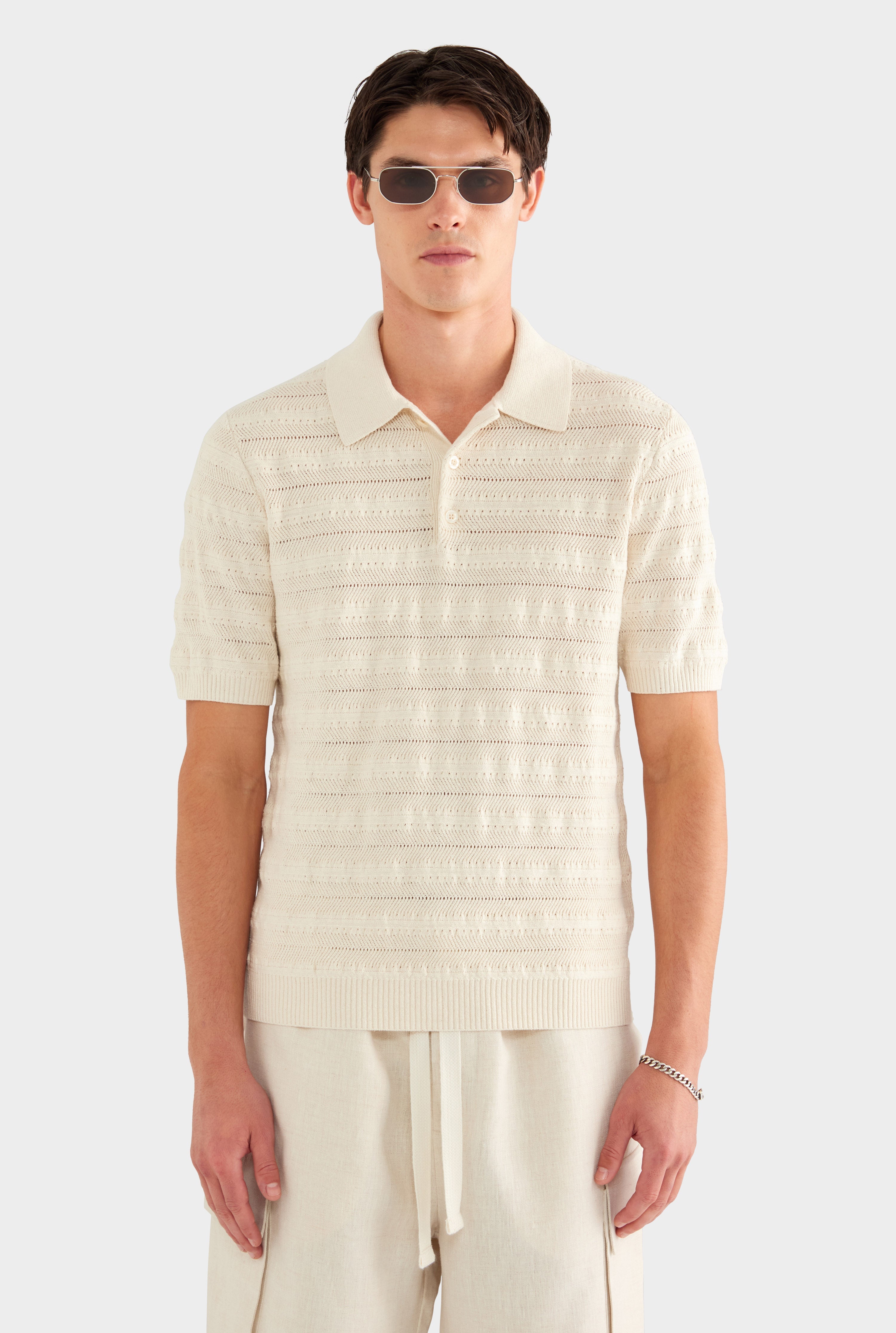 Linen Cotton Pointelle Polo - Natural