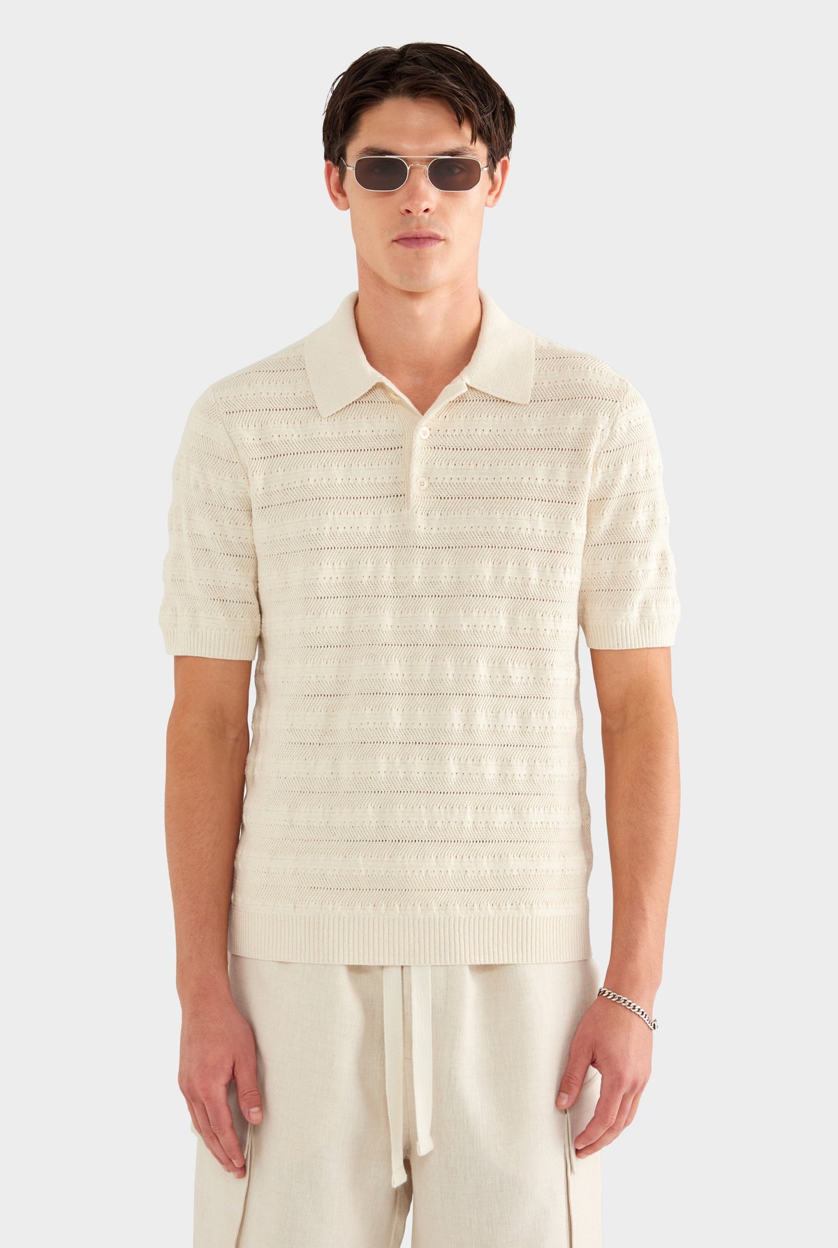 Linen Cotton Pointelle Polo - Natural