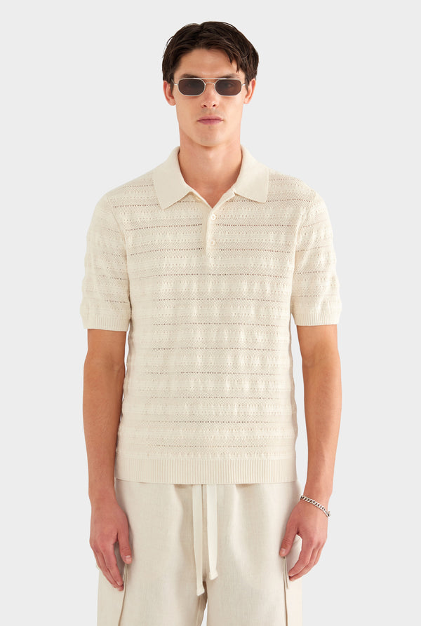 Linen Cotton Pointelle Polo - Natural