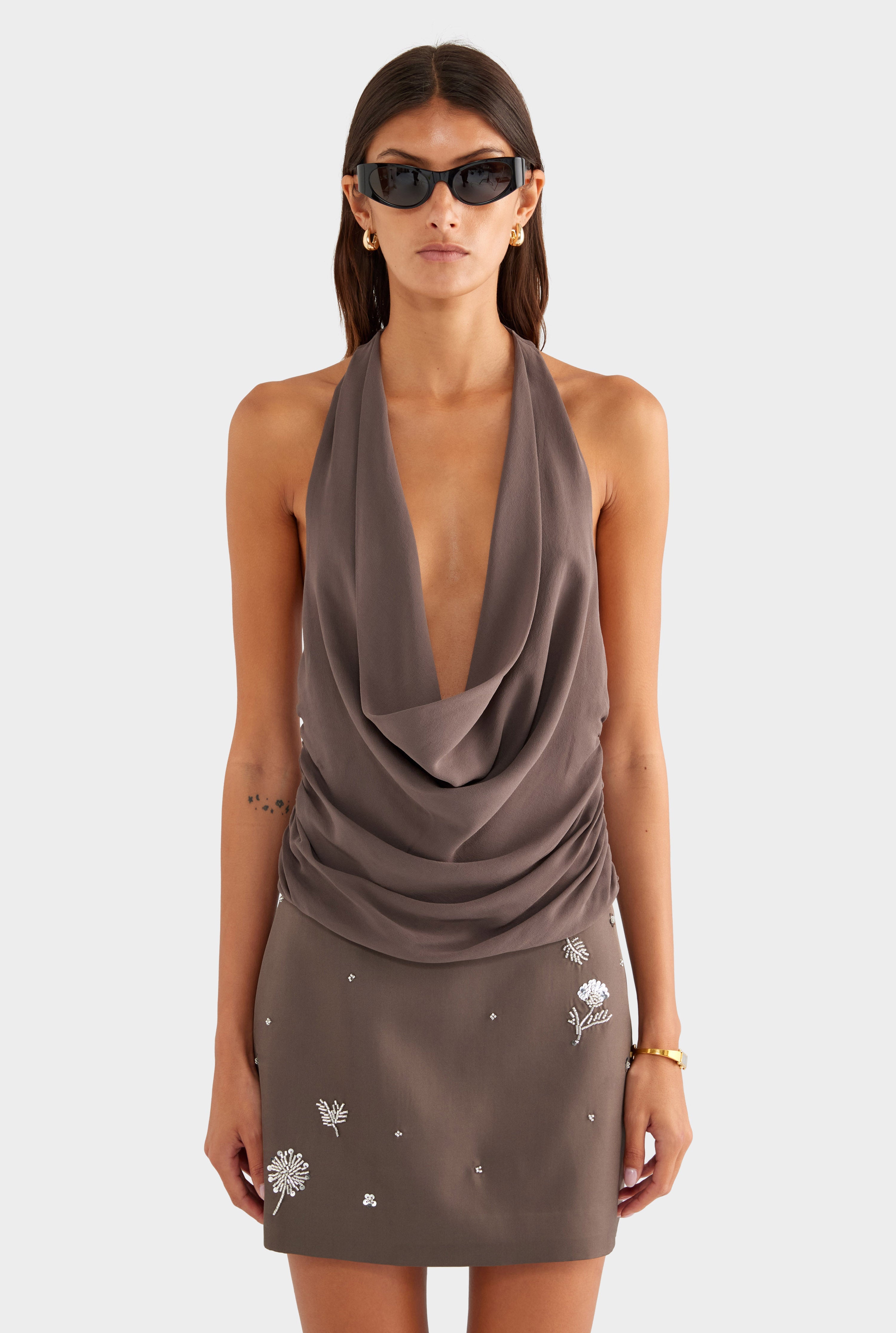 Deep Cowl Sheer Silk Halter - Mocha