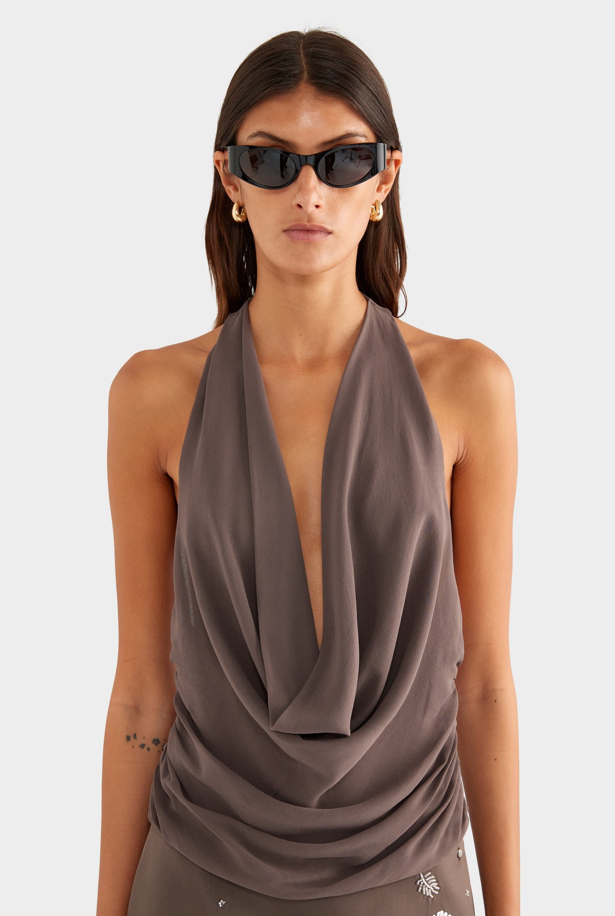 Deep Cowl Sheer Silk Halter - Mocha