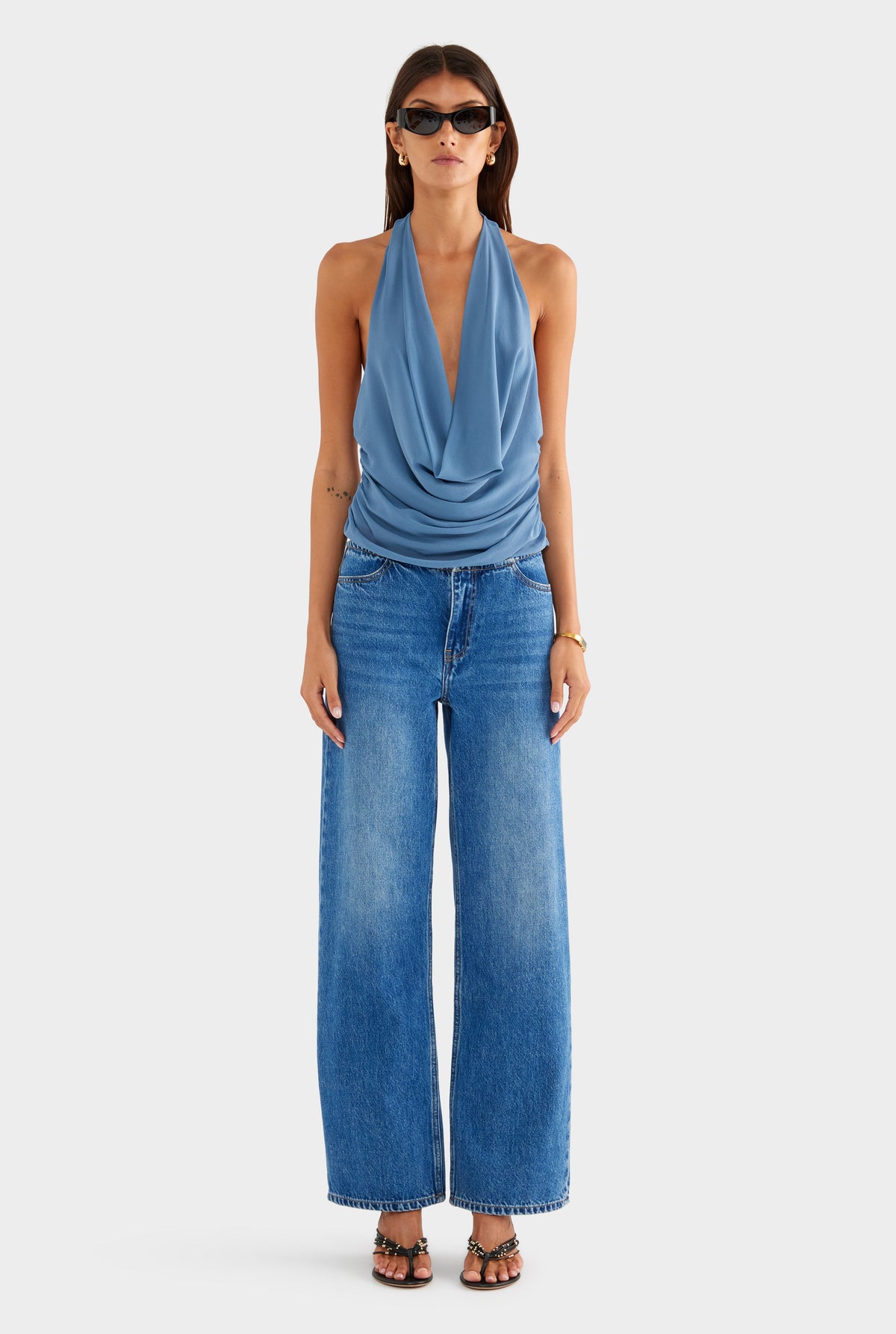 Deep Cowl Sheer Silk Halter - Slate Blue