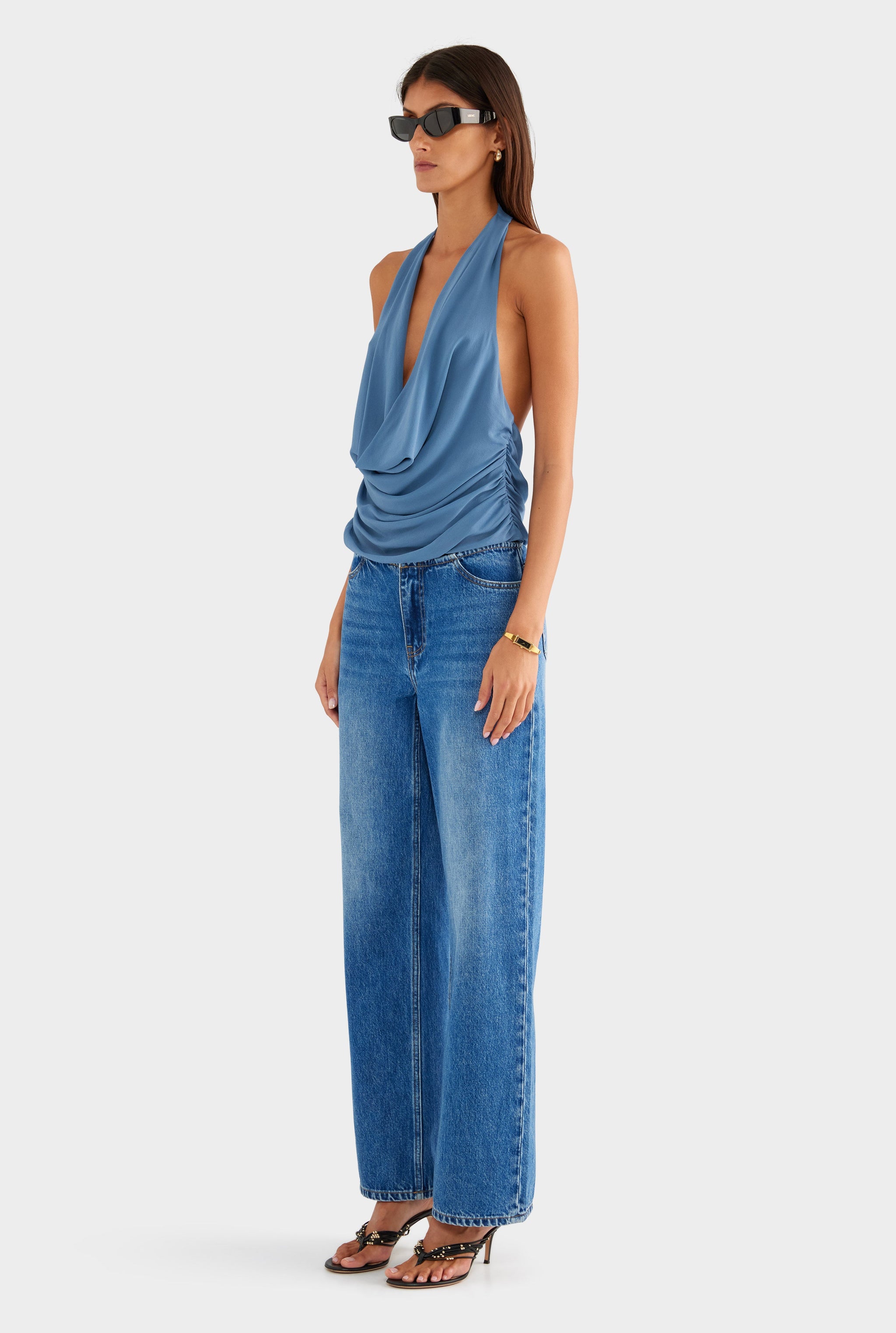 Deep Cowl Sheer Silk Halter - Slate Blue