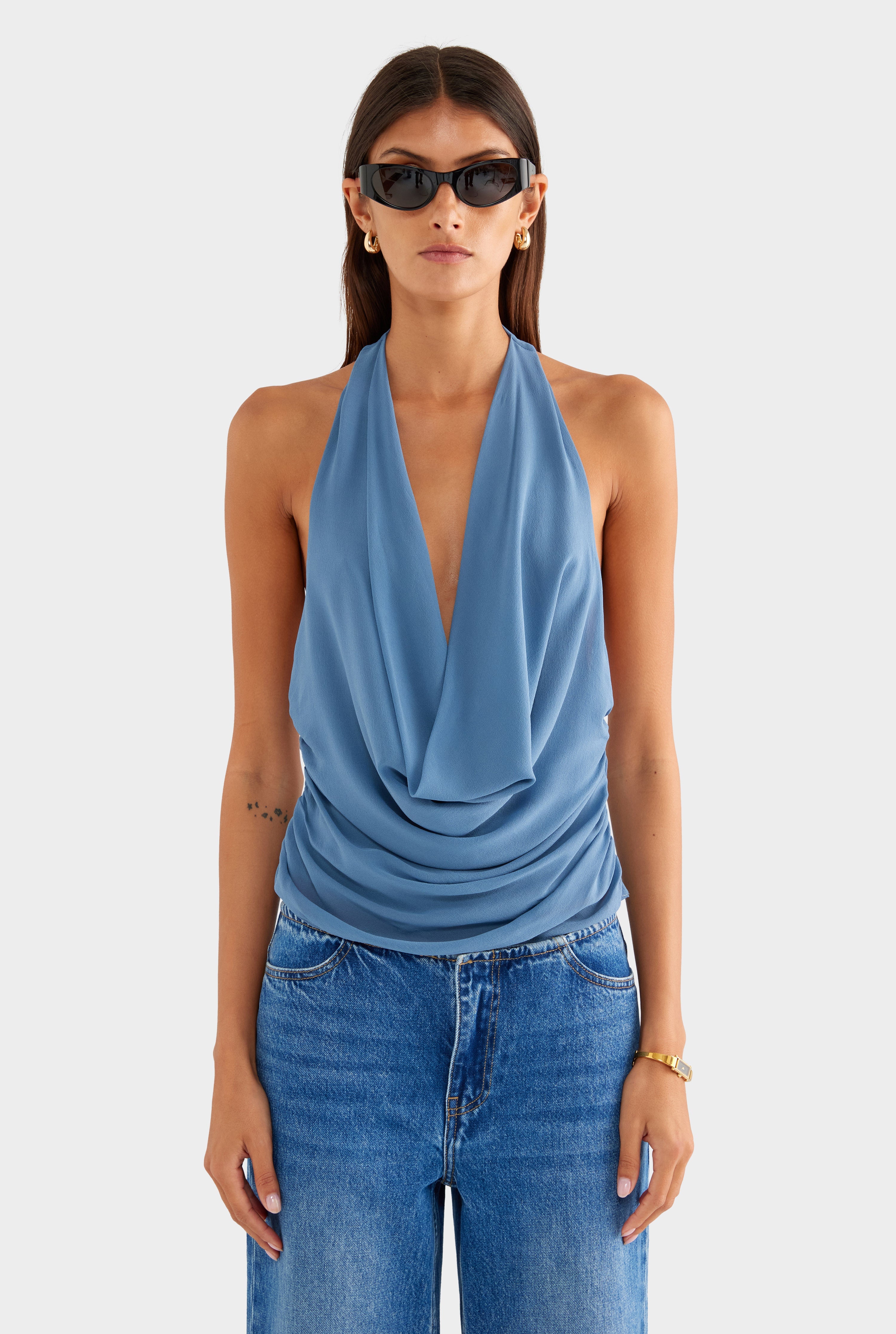 Deep Cowl Sheer Silk Halter - Slate Blue