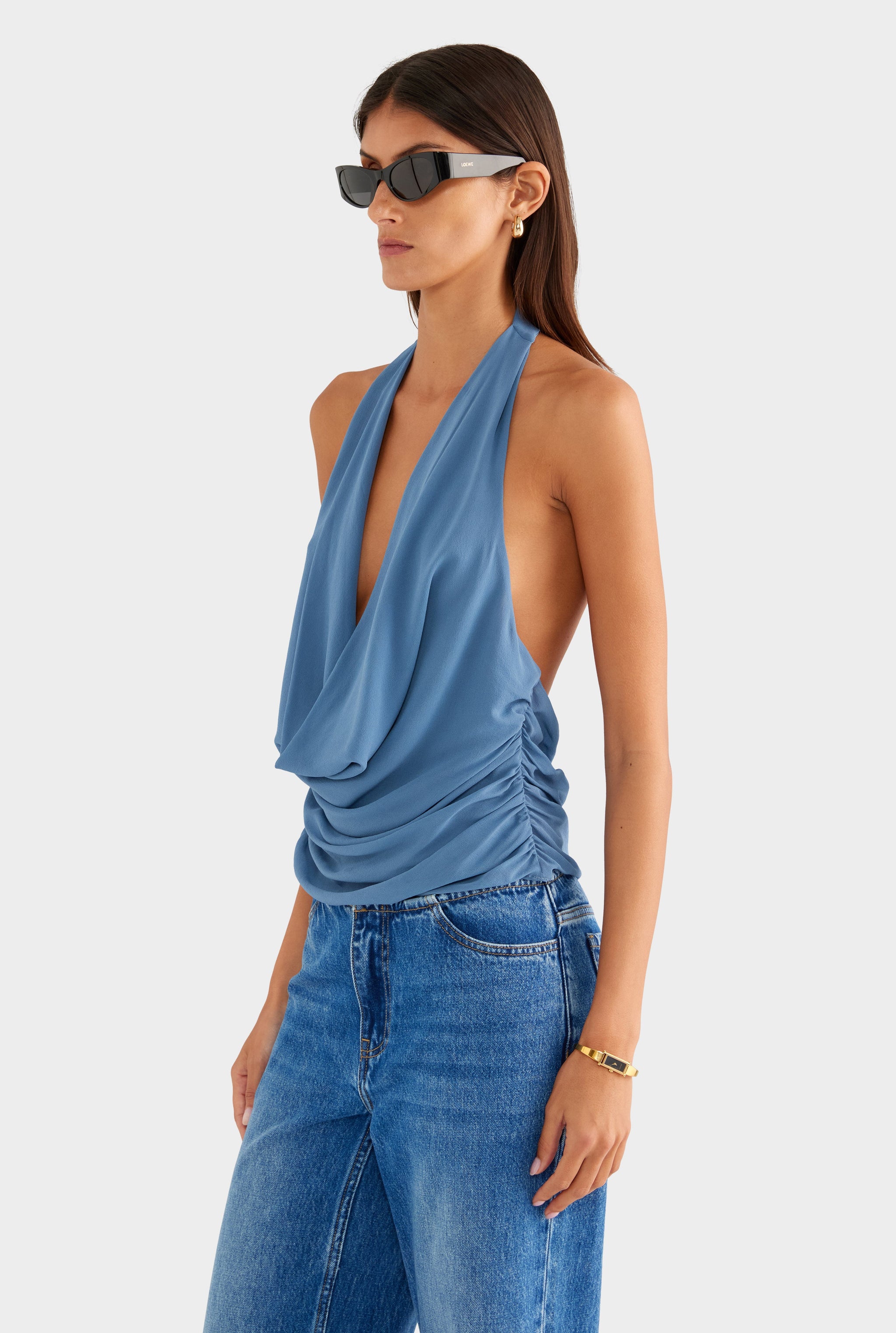 Deep Cowl Sheer Silk Halter - Slate Blue