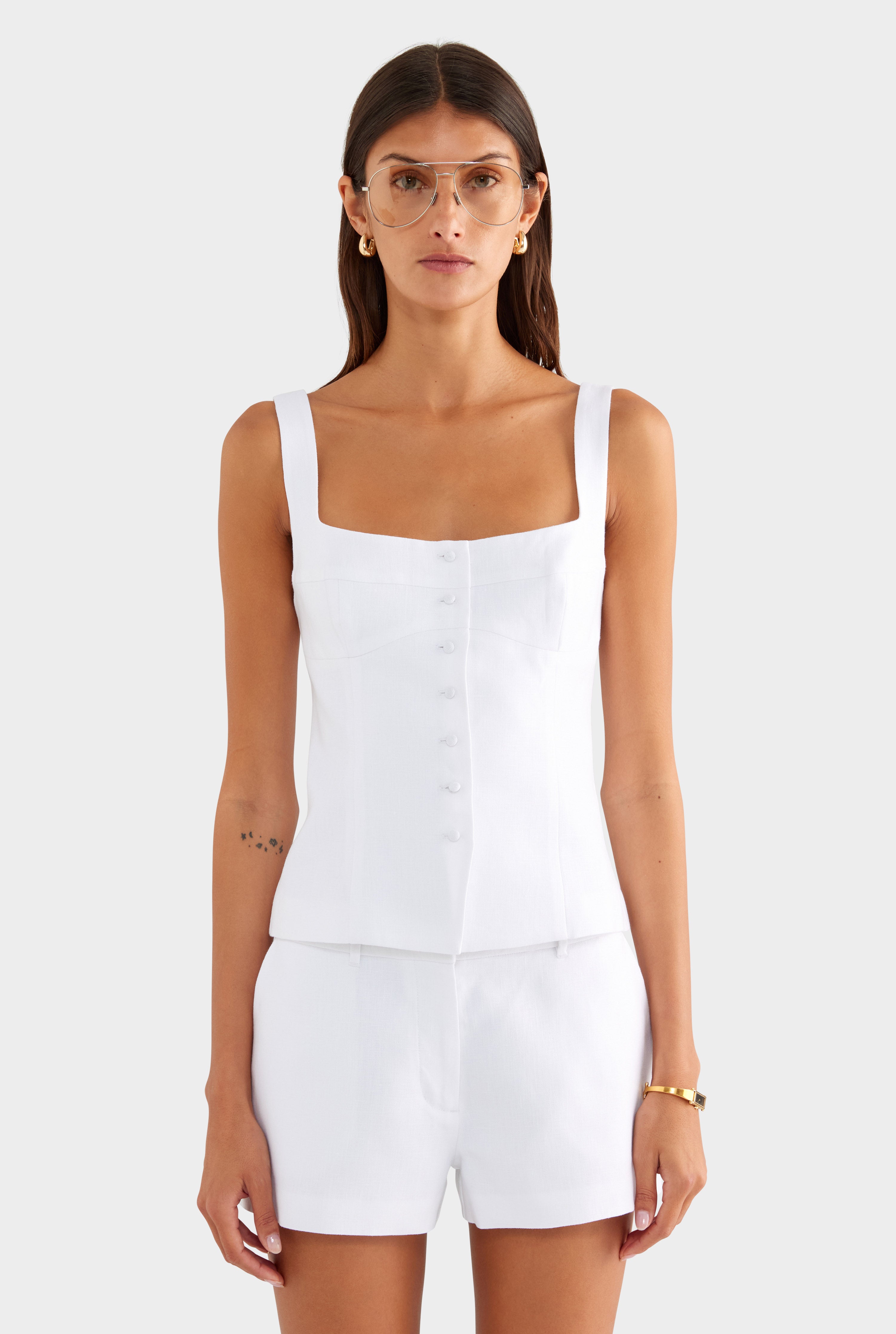 Linen Panelled Bodice Top - White