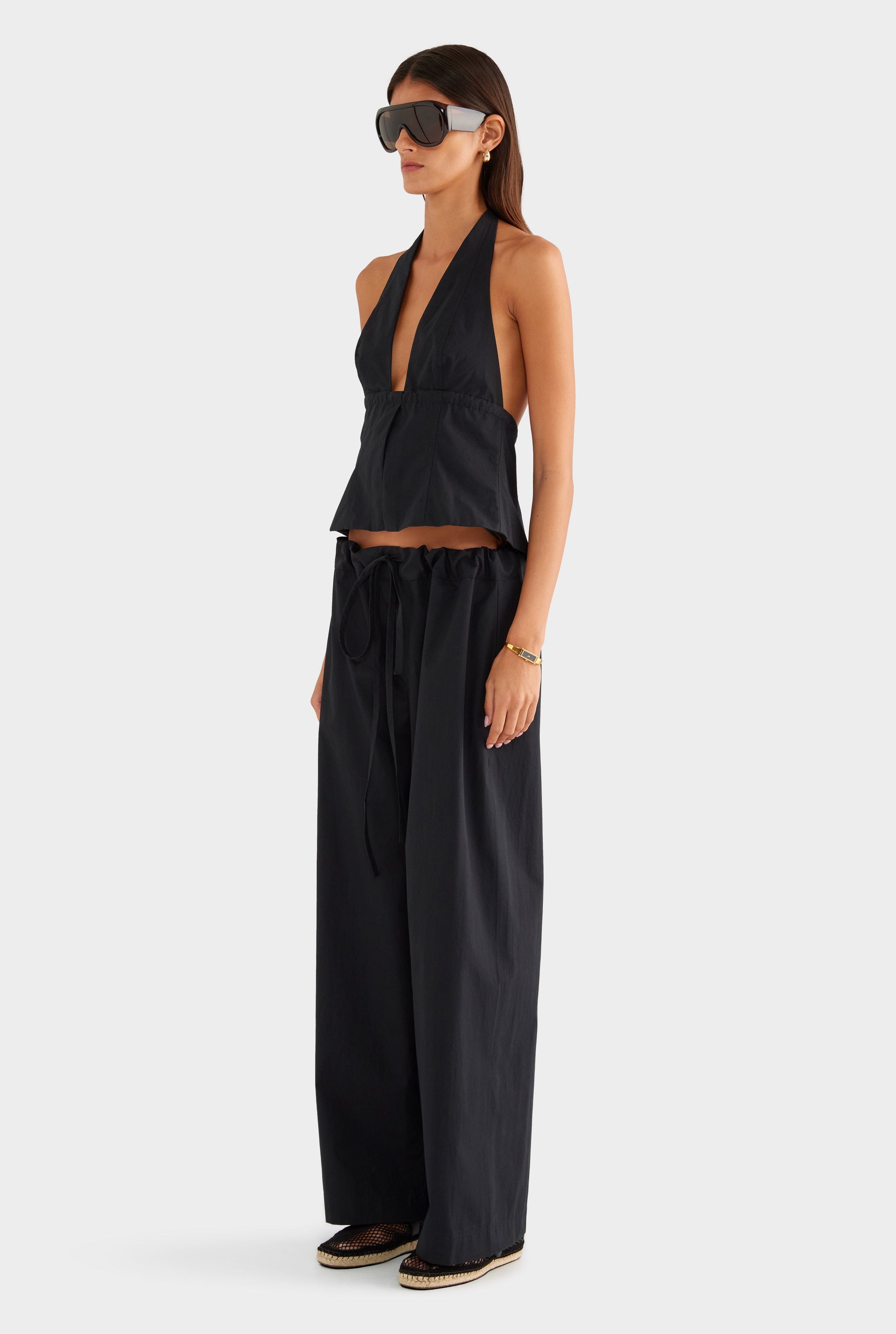 Panelled Cotton Halter Top - Black