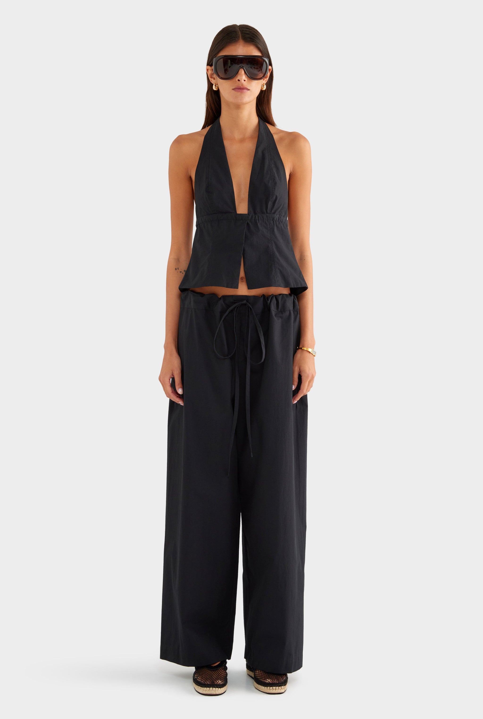 Cotton Poplin Paperbag Pant - Black
