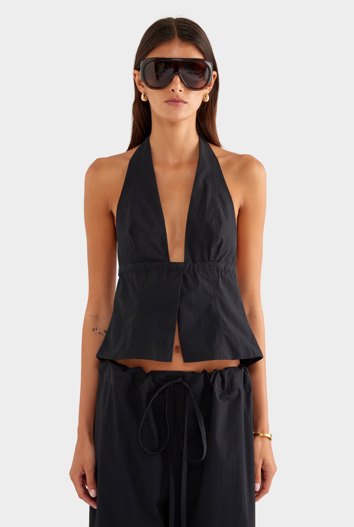 Panelled Cotton Halter Top - Black