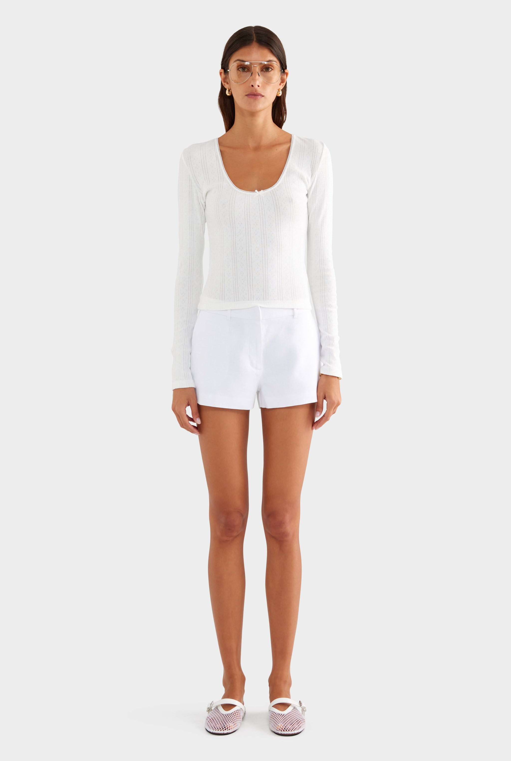 Cotton Pointelle Long Sleeve Top - White