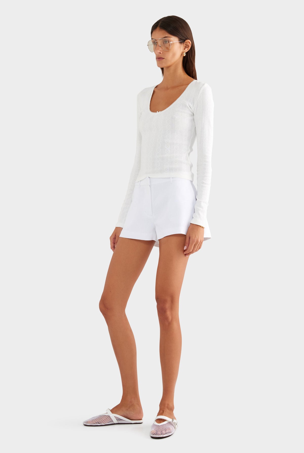 Cotton Pointelle Long Sleeve Top - White