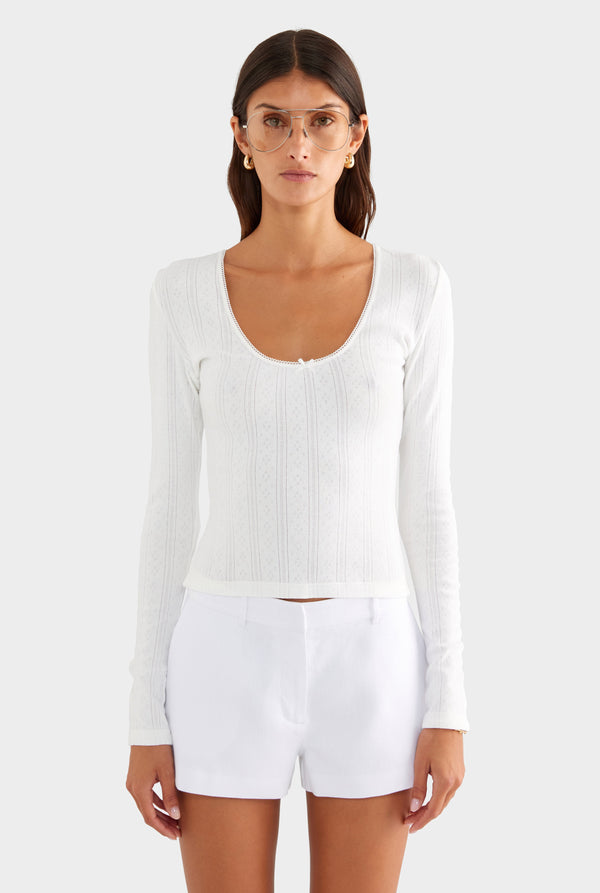 Cotton Pointelle Long Sleeve Top - White