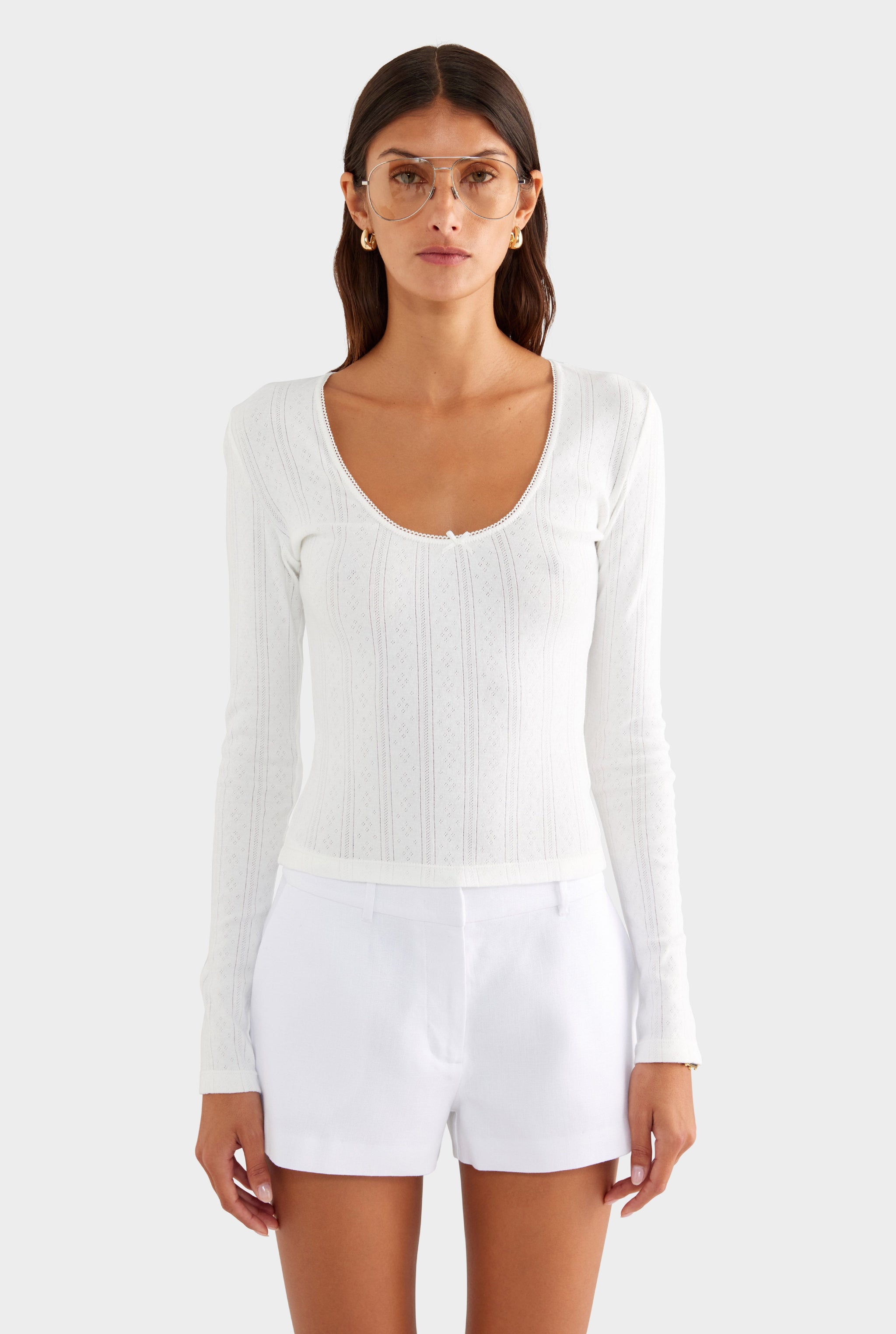 Cotton Pointelle Long Sleeve Top - White