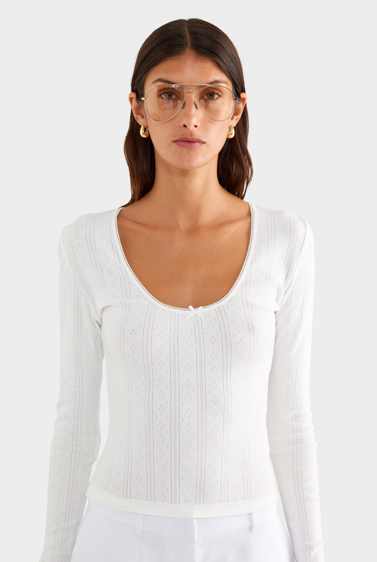 Cotton Pointelle Long Sleeve Top - White