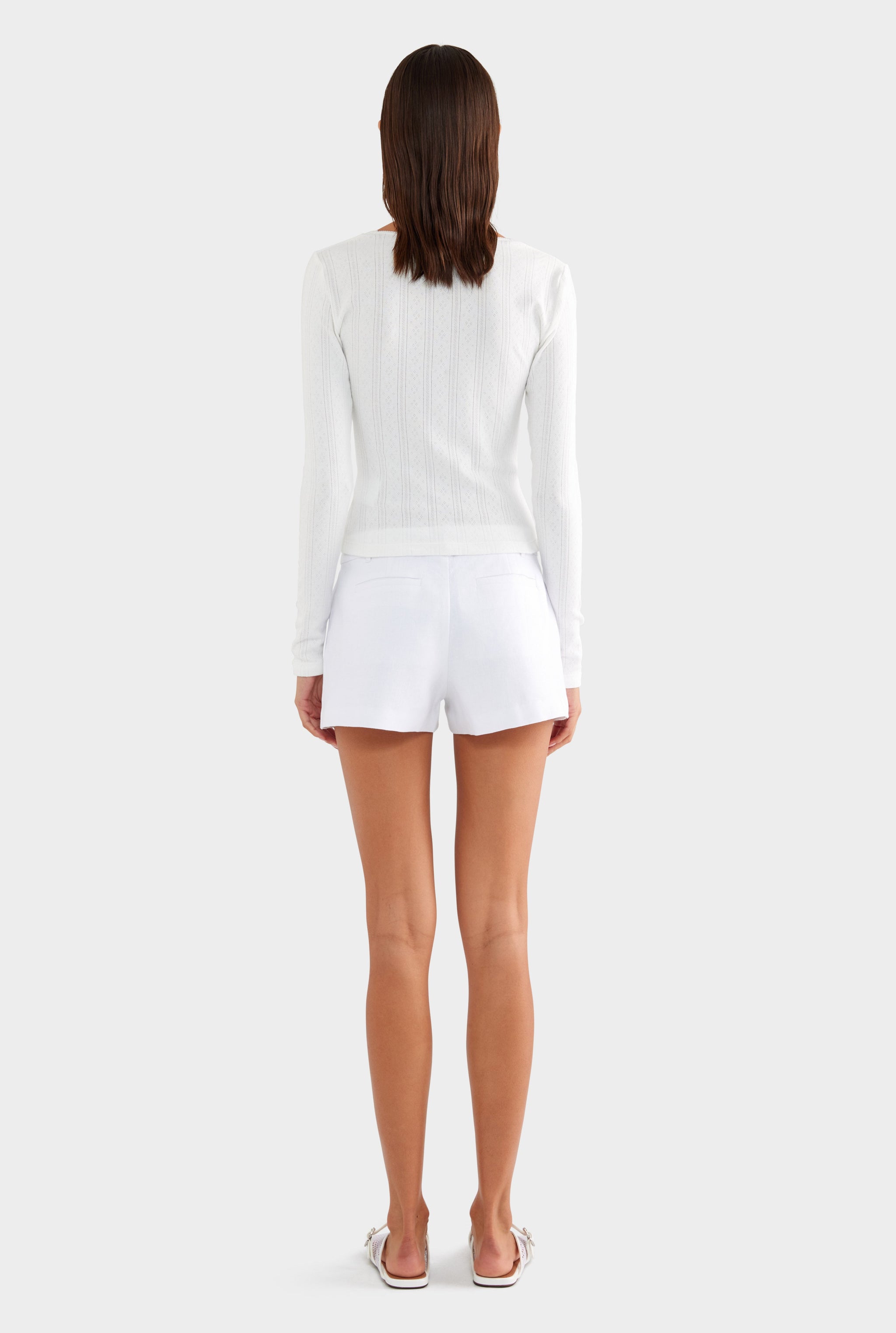 Cotton Pointelle Long Sleeve Top - White