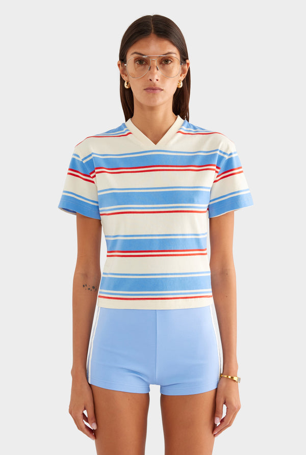 Stripe V Neck Tee - Cream/Red/Light Blue Stripe