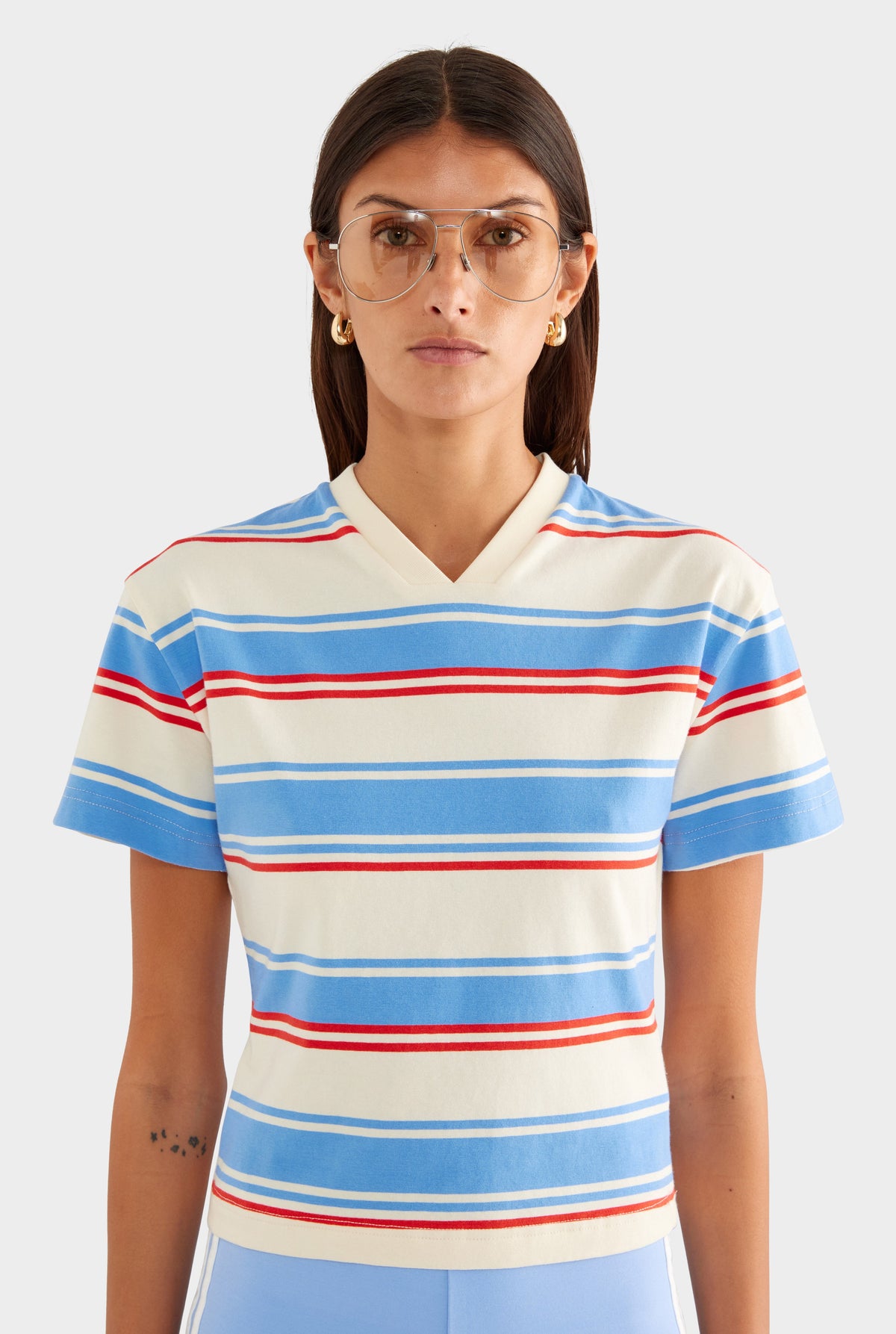Stripe V Neck Tee - Cream/Red/Light Blue Stripe