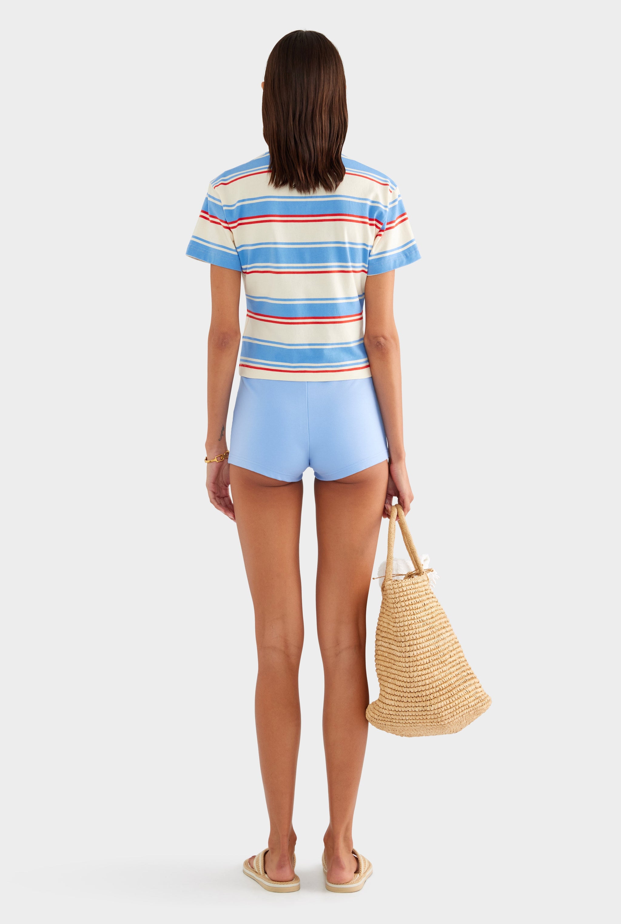 Stripe V Neck Tee - Cream/Red/Light Blue Stripe